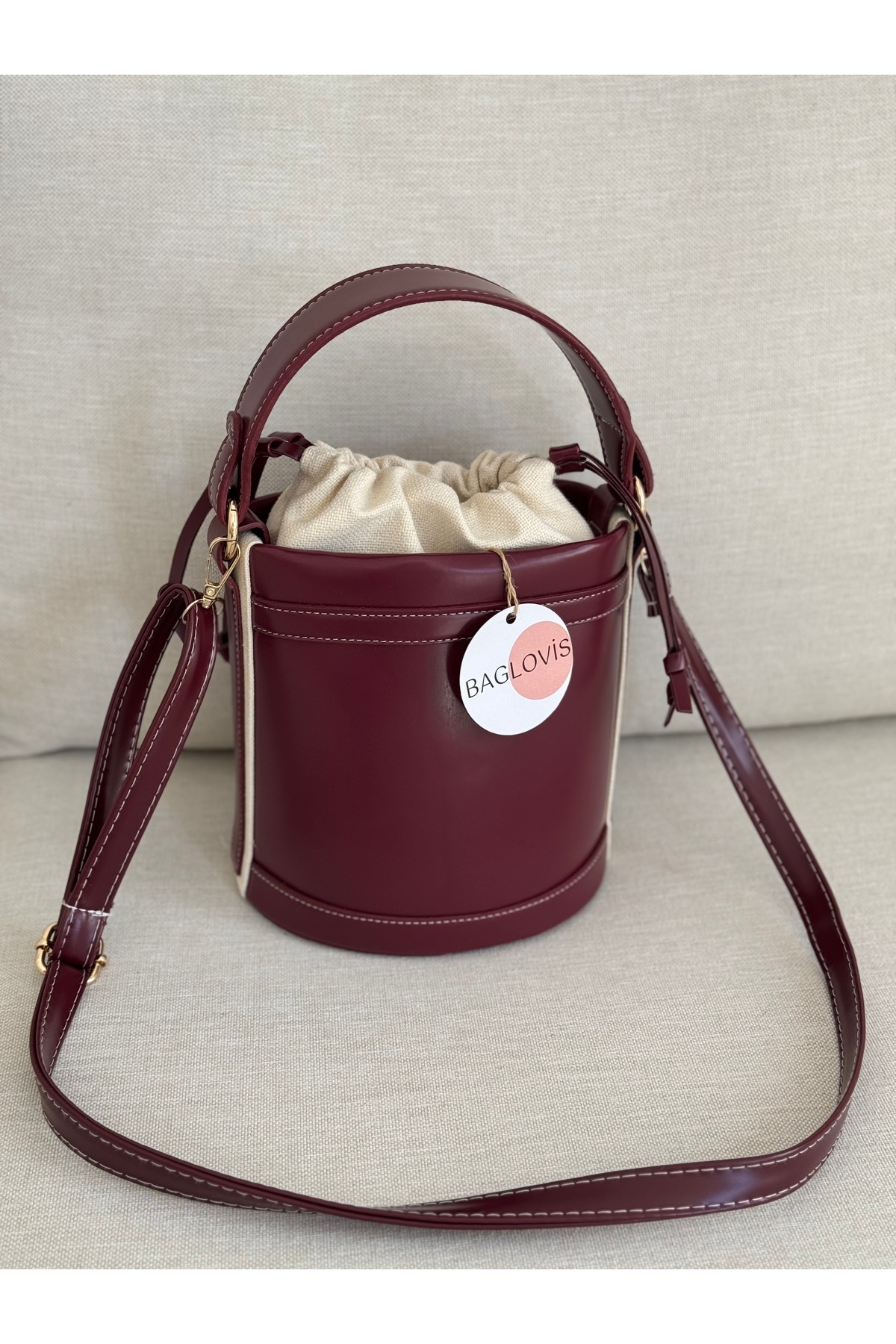 BAGLOVİS-Shirred Mouth Bucket Model Burgundy Color Women's Hand and Shoulder Bag En20 Uzn20 3