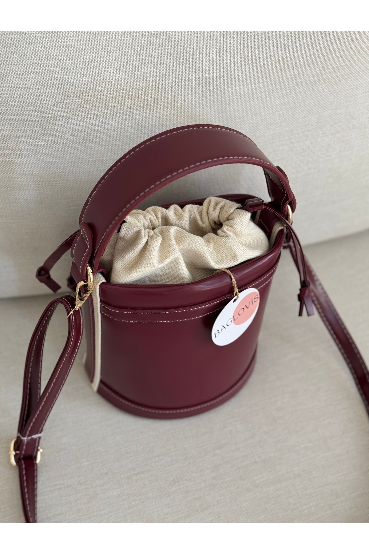 BAGLOVİS-Shirred Mouth Bucket Model Burgundy Color Women's Hand and Shoulder Bag En20 Uzn20 4