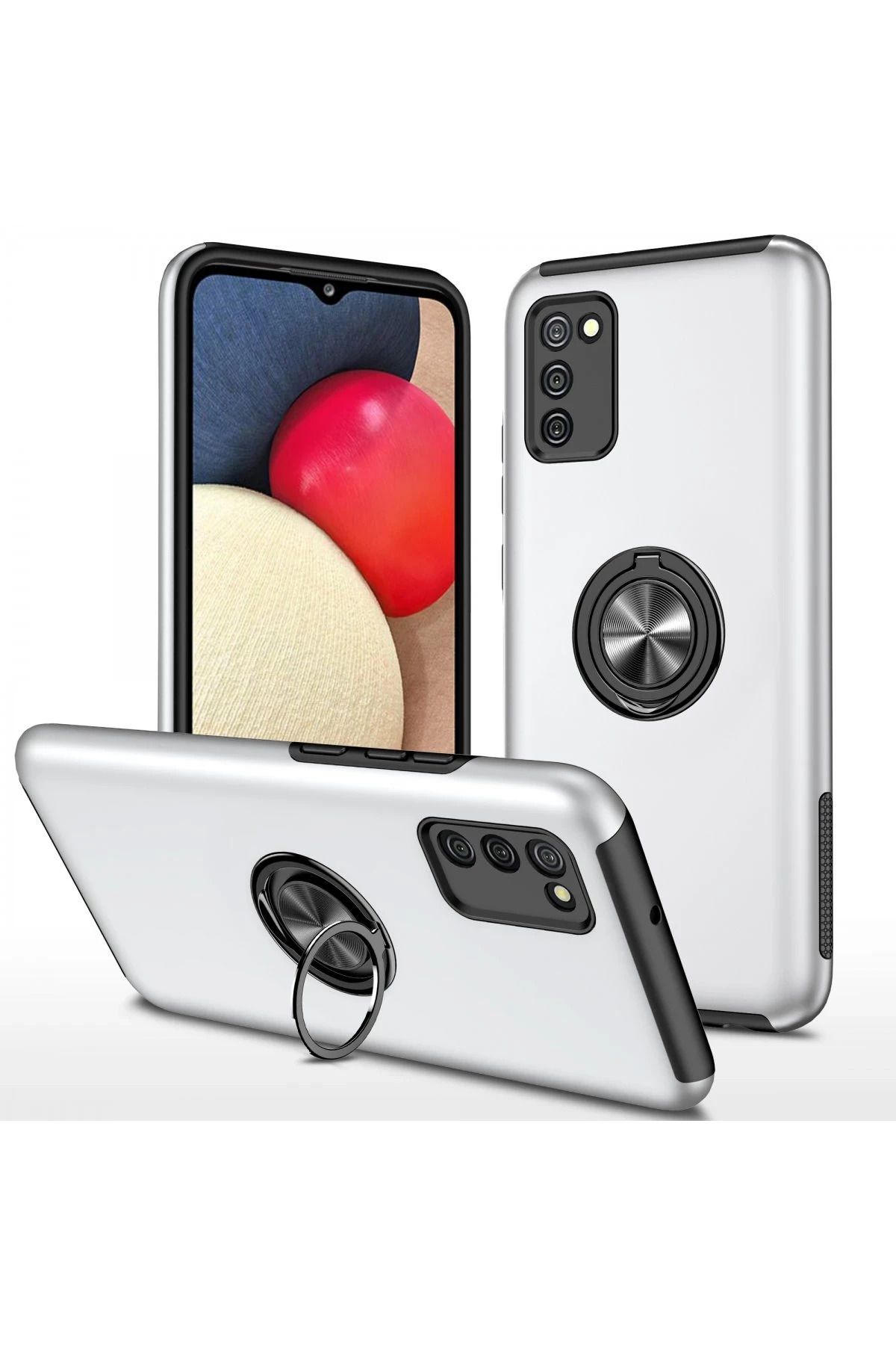 NewFace Samsung Galaxy A02S Kılıf Elit Yüzüklü Kapak - Gümüş BSTMY