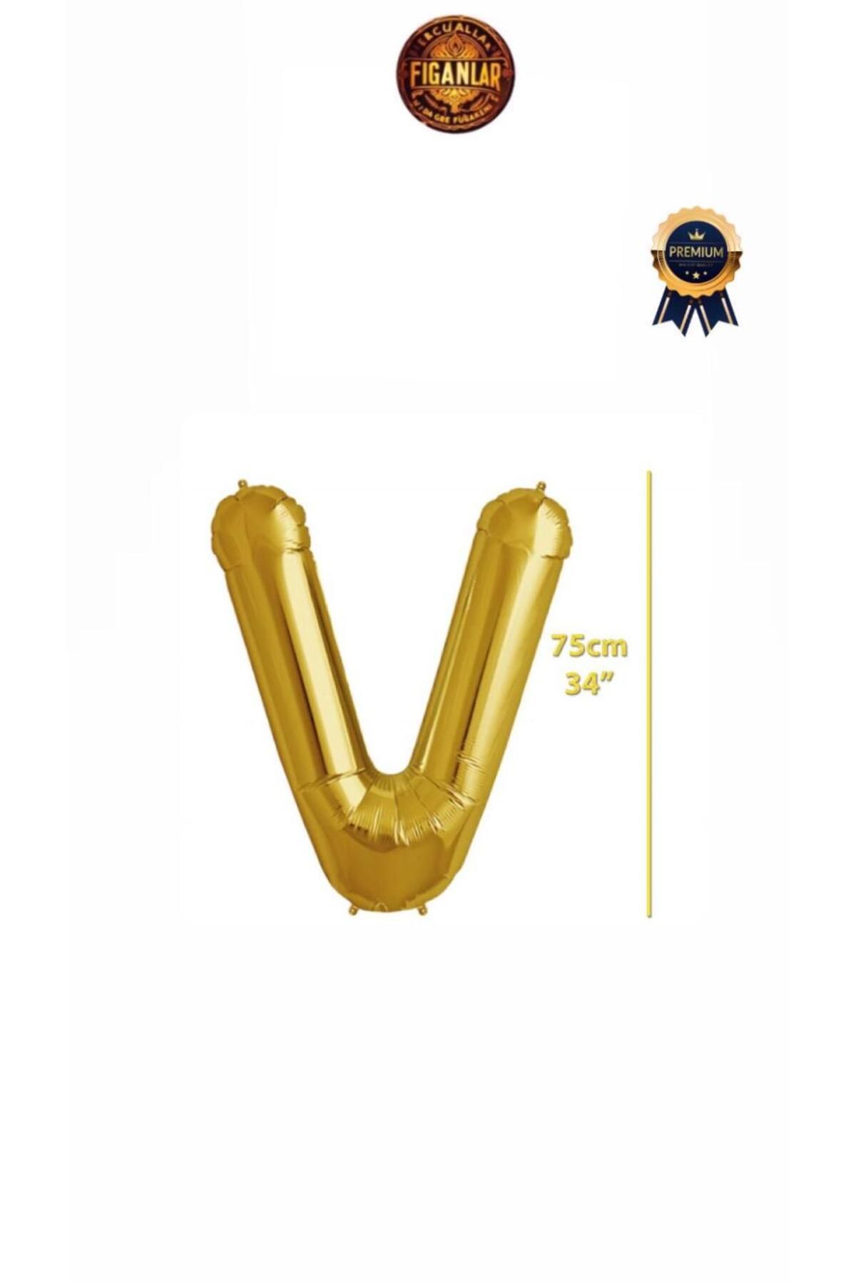 figanlar ambalaj 1.Kalite Folyo Balon V harfi Helyum Balon 75cm gold renk