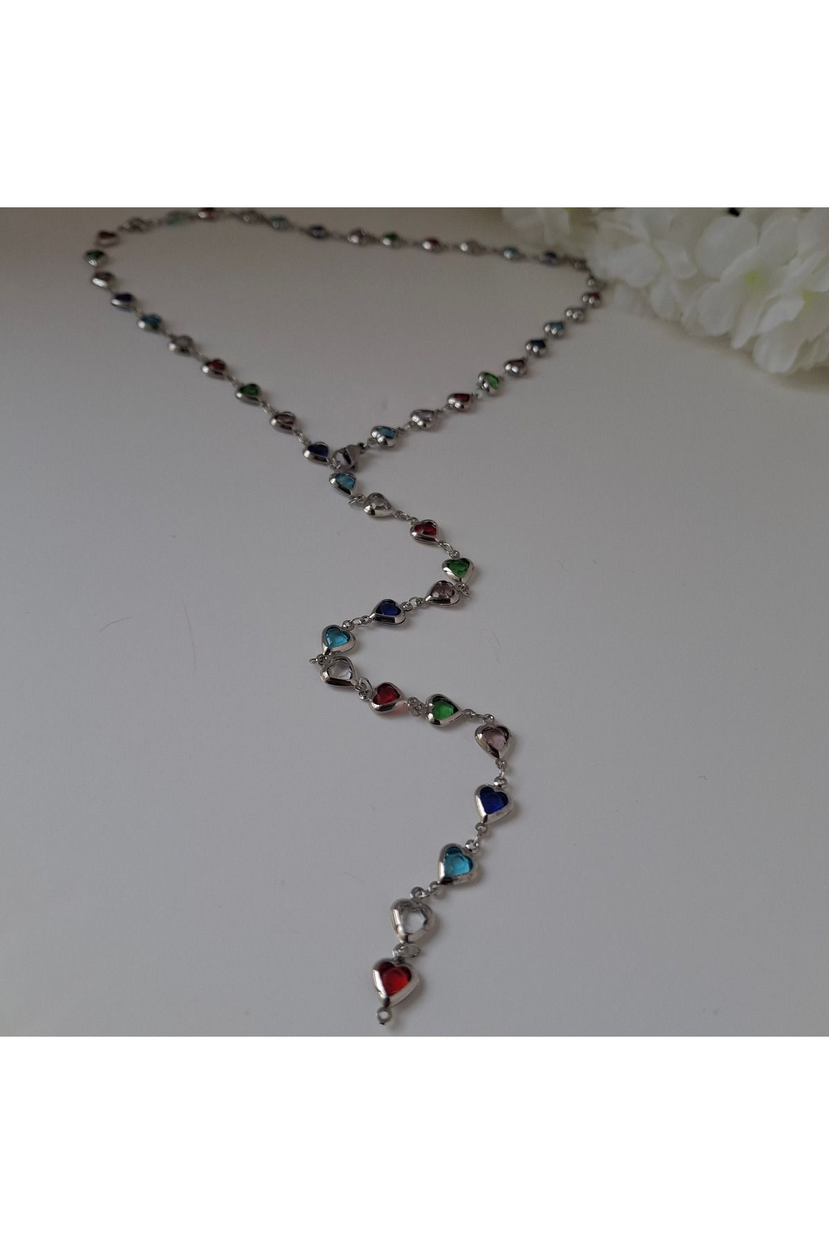azra takı tasarım Y Kolye,el yapımı,kalp figürlü,renkli,yaklaşık 65 cm.plaj ,kadın kolye