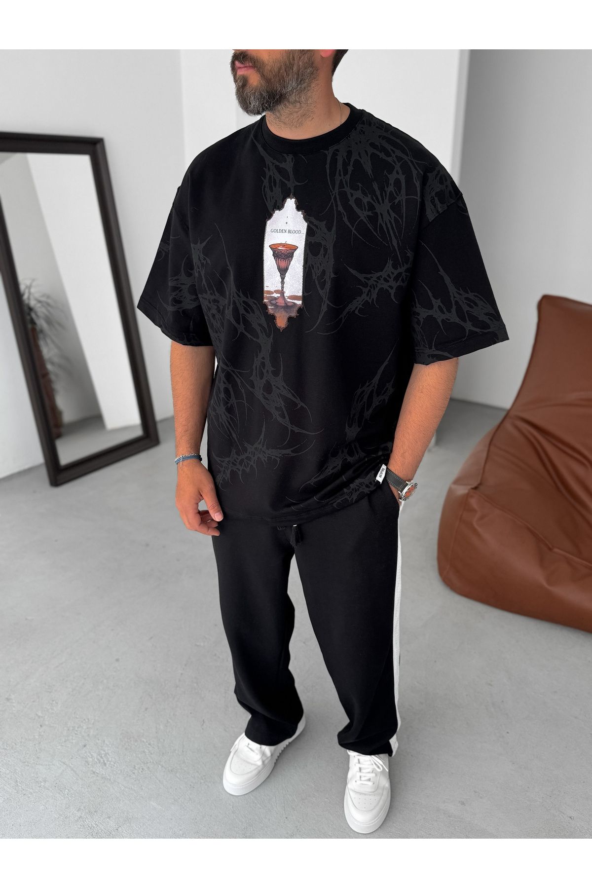BYBASICMAN-Black Golden Blood Patchli Oversize T-Shirt Res-5204 6