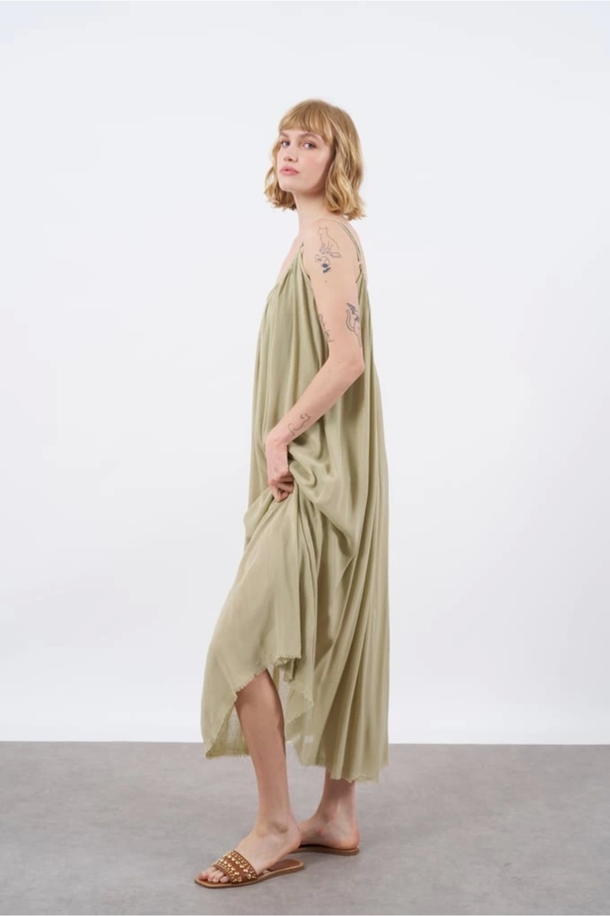 Myra-Comfortable Fit Khaki Dress with Straps 2