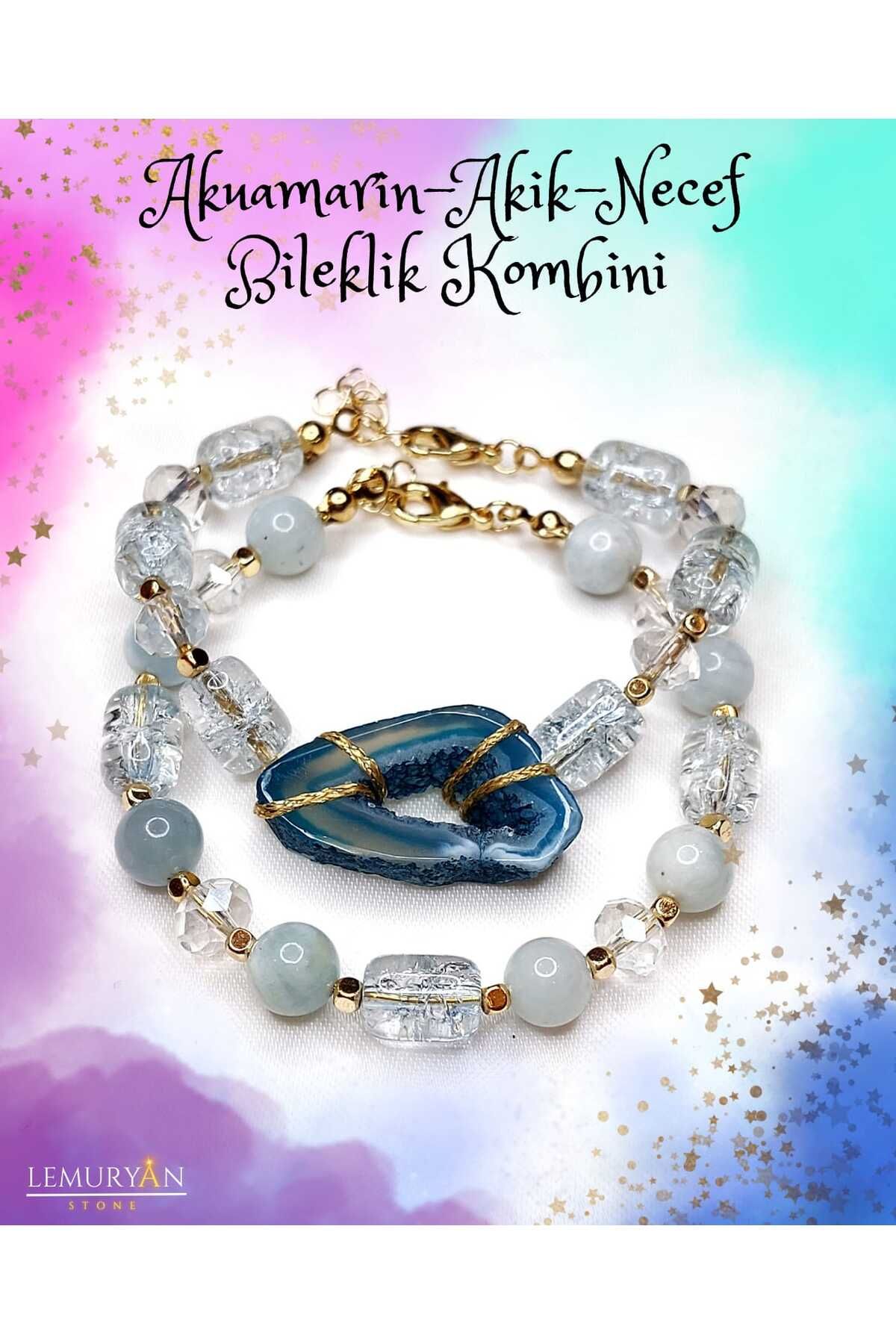 Herkimer Doğal Taş Orijinal Doğaltaş Akik - Akuamarin - Necef 2'li Bileklik Kombini