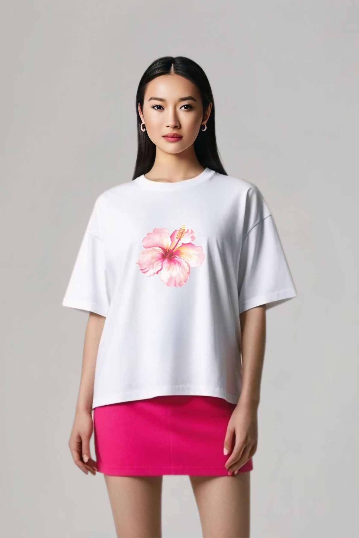 Butik Pink Hibiskus Çiçek Baskılı Oversize Pamuklu T-shirt