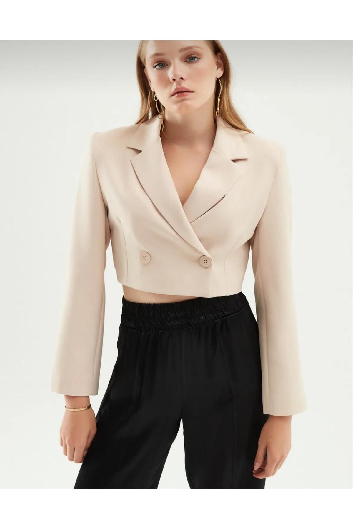 MODA Kruvaze Crop Blazer Ceket Siyah