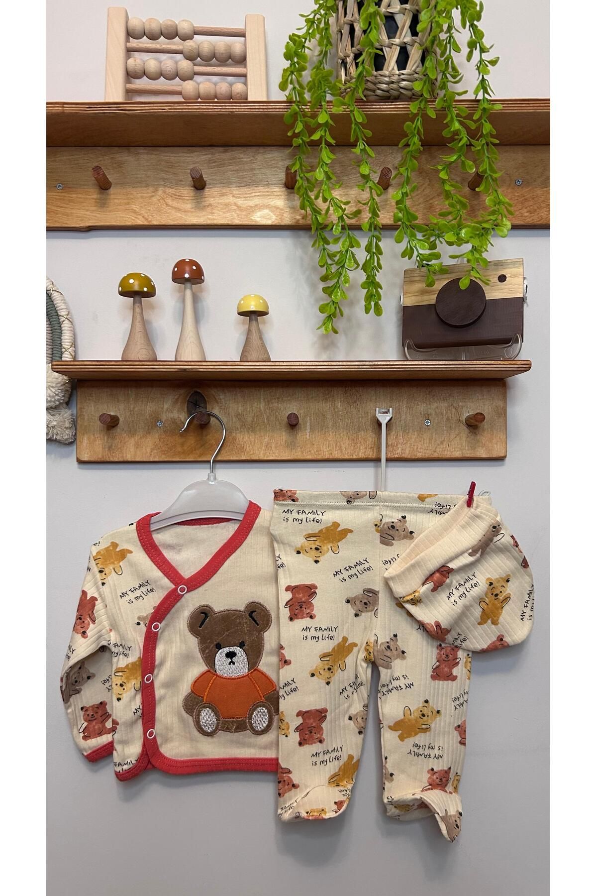 Rila Collection Bebek Erkek Ayıcıklı Desenli Alt-Üst Ve Şapkalı Takım 3AY
