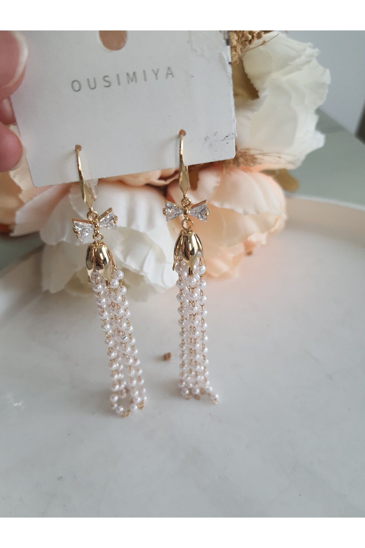 özlemmmoda Beyaz inci Detaylı Sallantılı Küpe