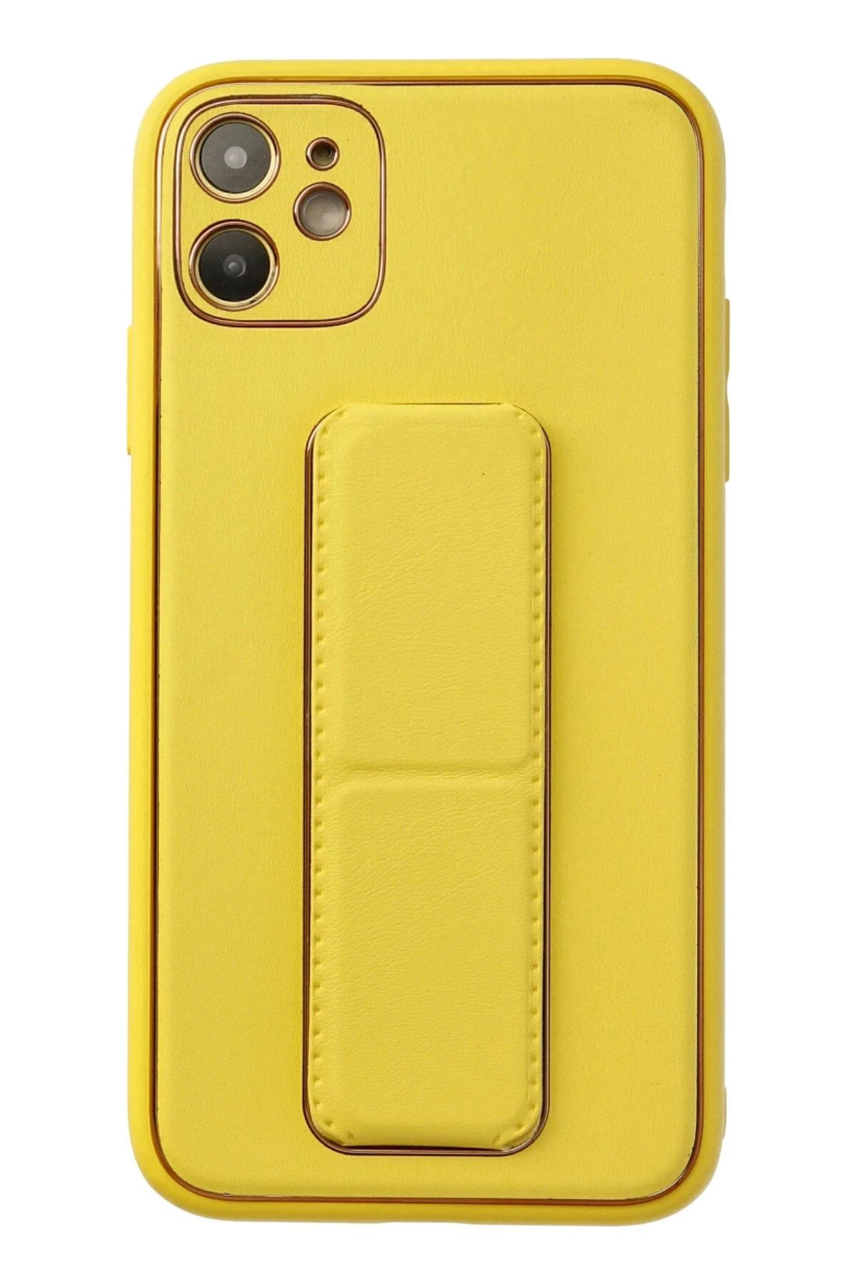 NewFace iPhone 12 Kılıf Coco Deri Standlı Kapak - Sarı HNZRN
