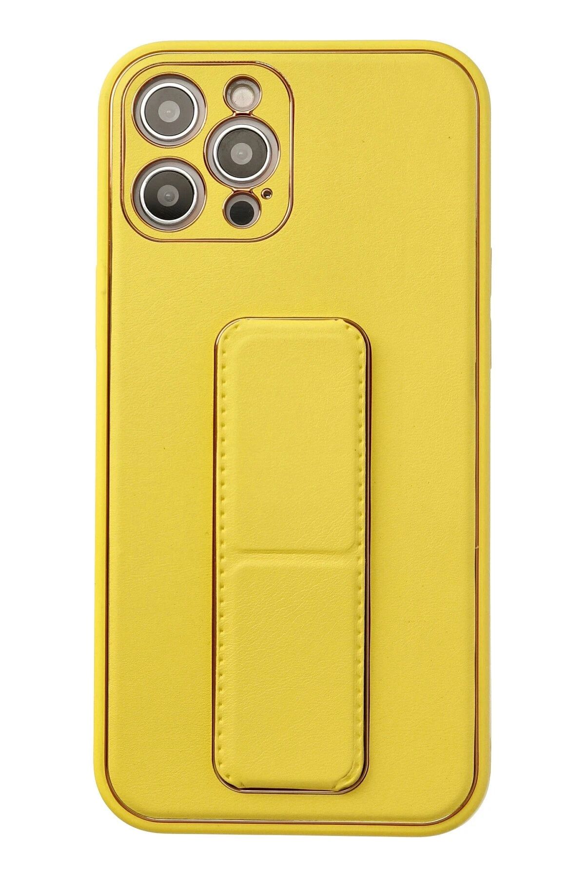 NewFace iPhone 12 Pro Max Kılıf Coco Deri Standlı Kapak - Sarı BSTMY