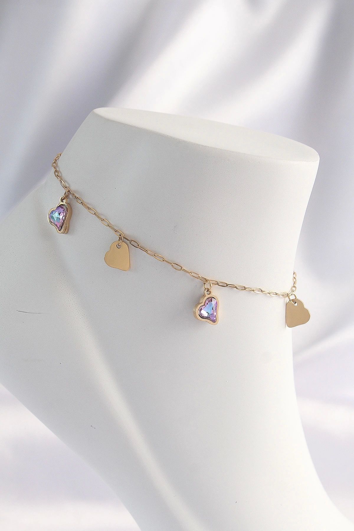 Clariss 316L Çelik Gold Renk Minimal Renkli Zirkon Taşlı Kalp Halhal