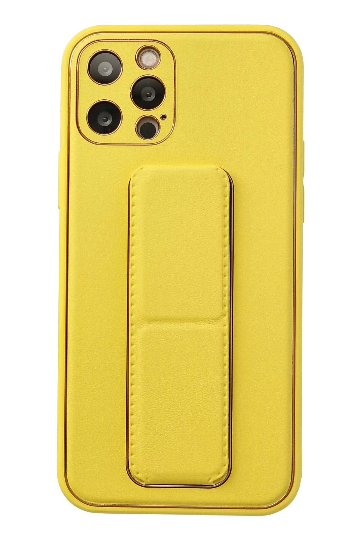 NewFace iPhone 12 Pro Kılıf Coco Deri Standlı Kapak - Sarı NRMSA