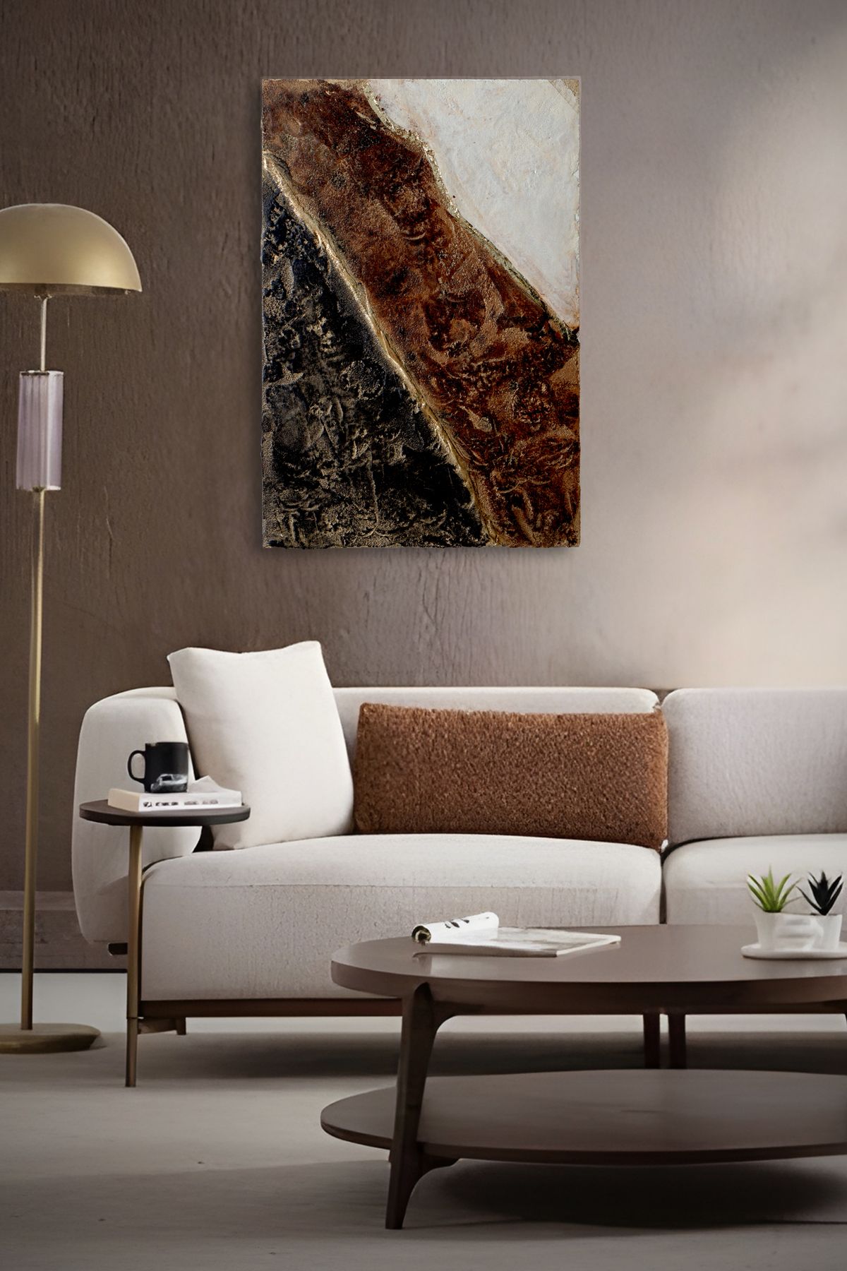 Acarok Home Antik Özel El Yapımı Beton Efektli Altın Varak Detaylı Soyut Pano Tablo