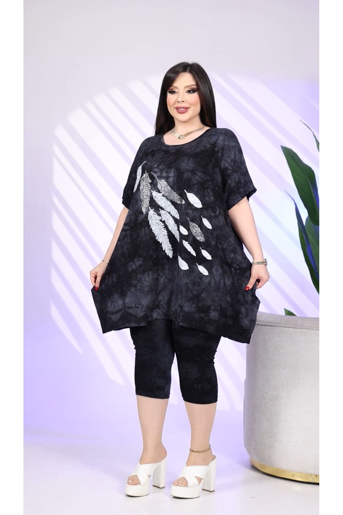HÜLYA BUTİK Büyük beden angrasit tüy desenli batik alt üst takım