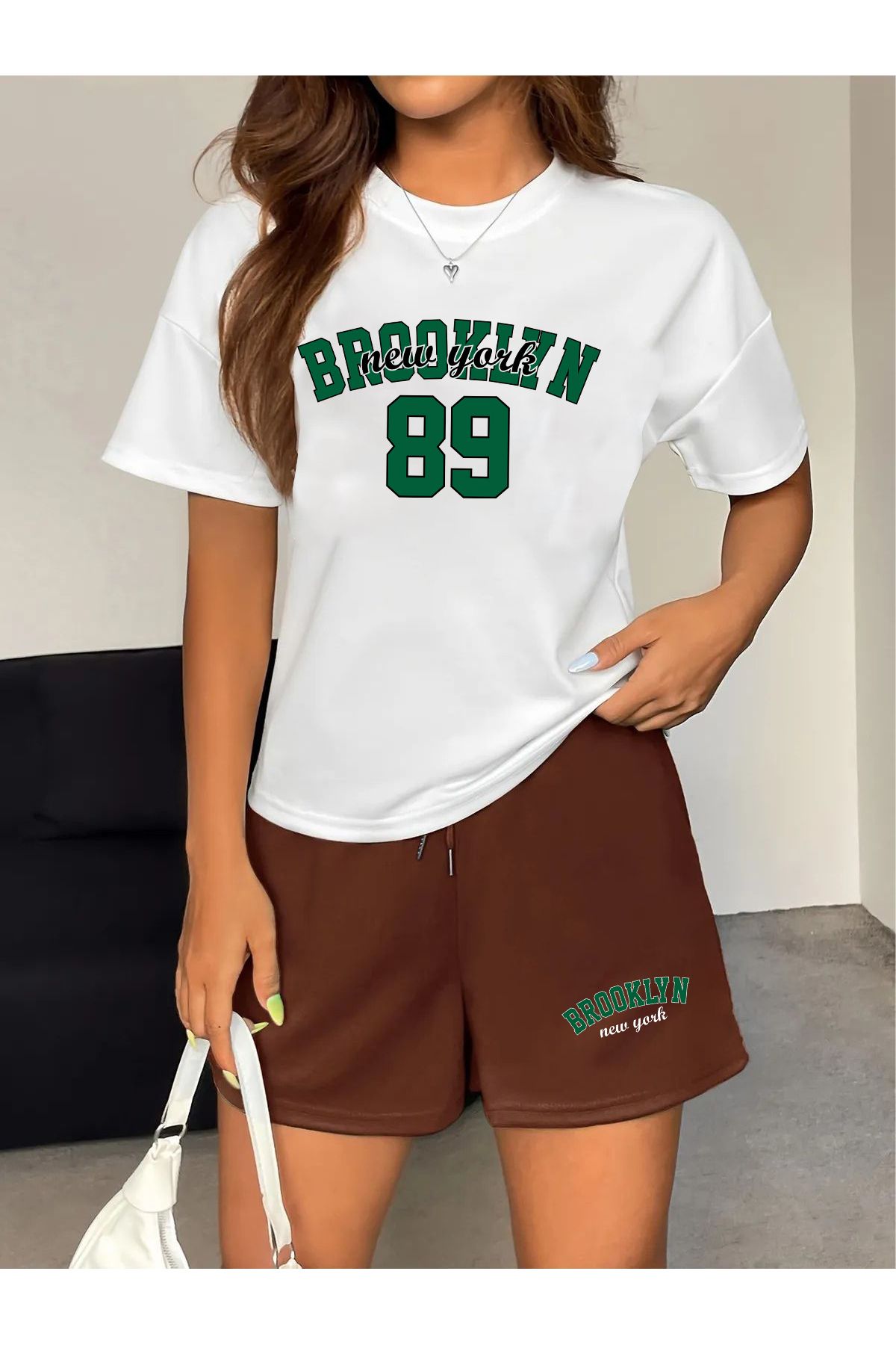 macklin Kadın Brooklyn New York 89 Baskılı Özel Tasarım Oversize Tshirt Ve Şort Alt -Üst Takım