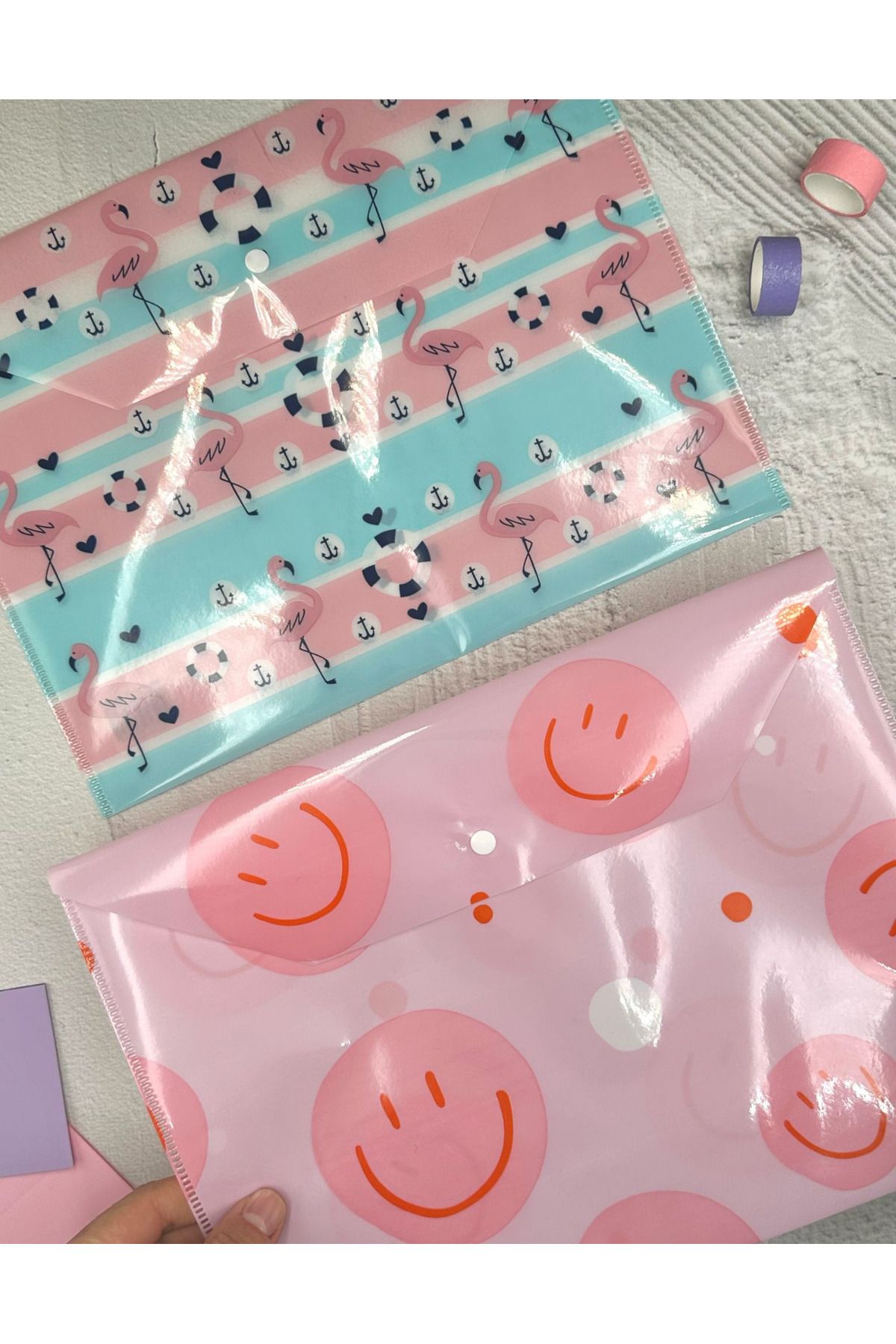 ZeCo Collection Flamingo ve Emoji Desenli Çıtçıtlı A4 2’li Dosya Seti / Düzenleyici Klasör