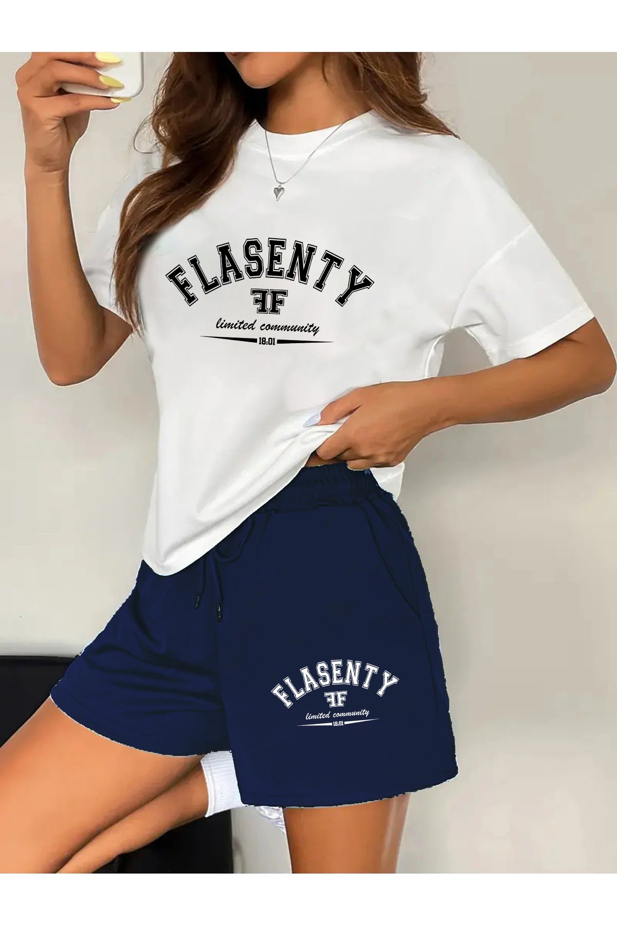 macklin Kadın Flasenty Baskılı Özel Tasarım Oversize Tshirt Ve Şort Alt -Üst Takım