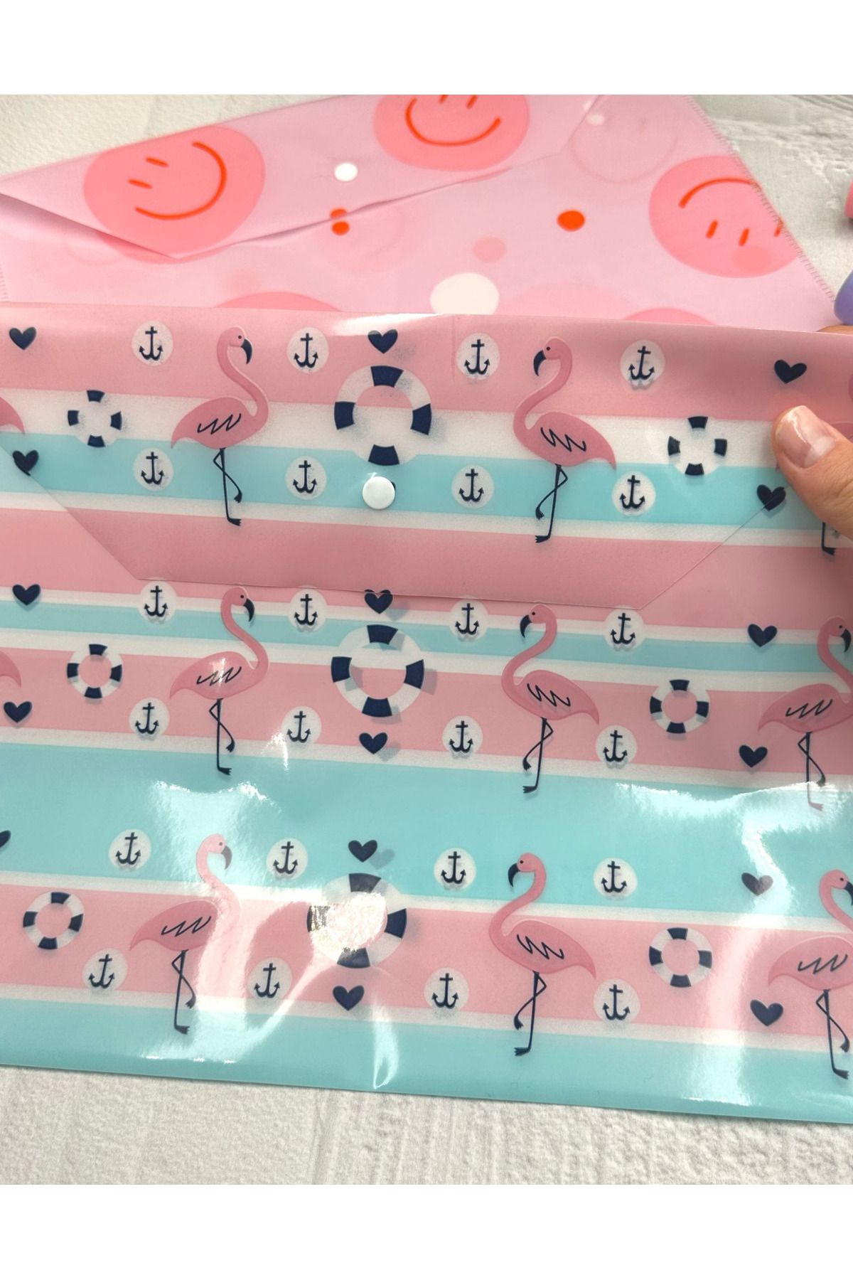 ZeCo Collection-Flamingo and Emoji Patterned A4 2-Piece File Set / Organizer Folder with Snap Fasteners 4