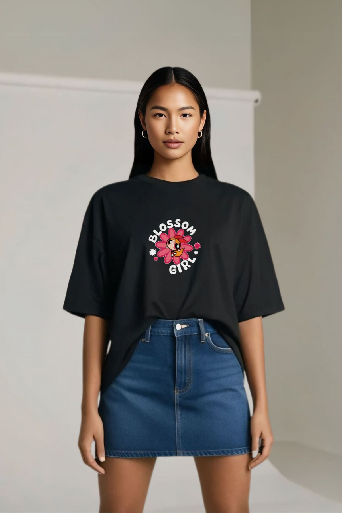 Butik Powerpuff Girls Blossom Özel Tasarım Pamuklu Oversize T-shirt