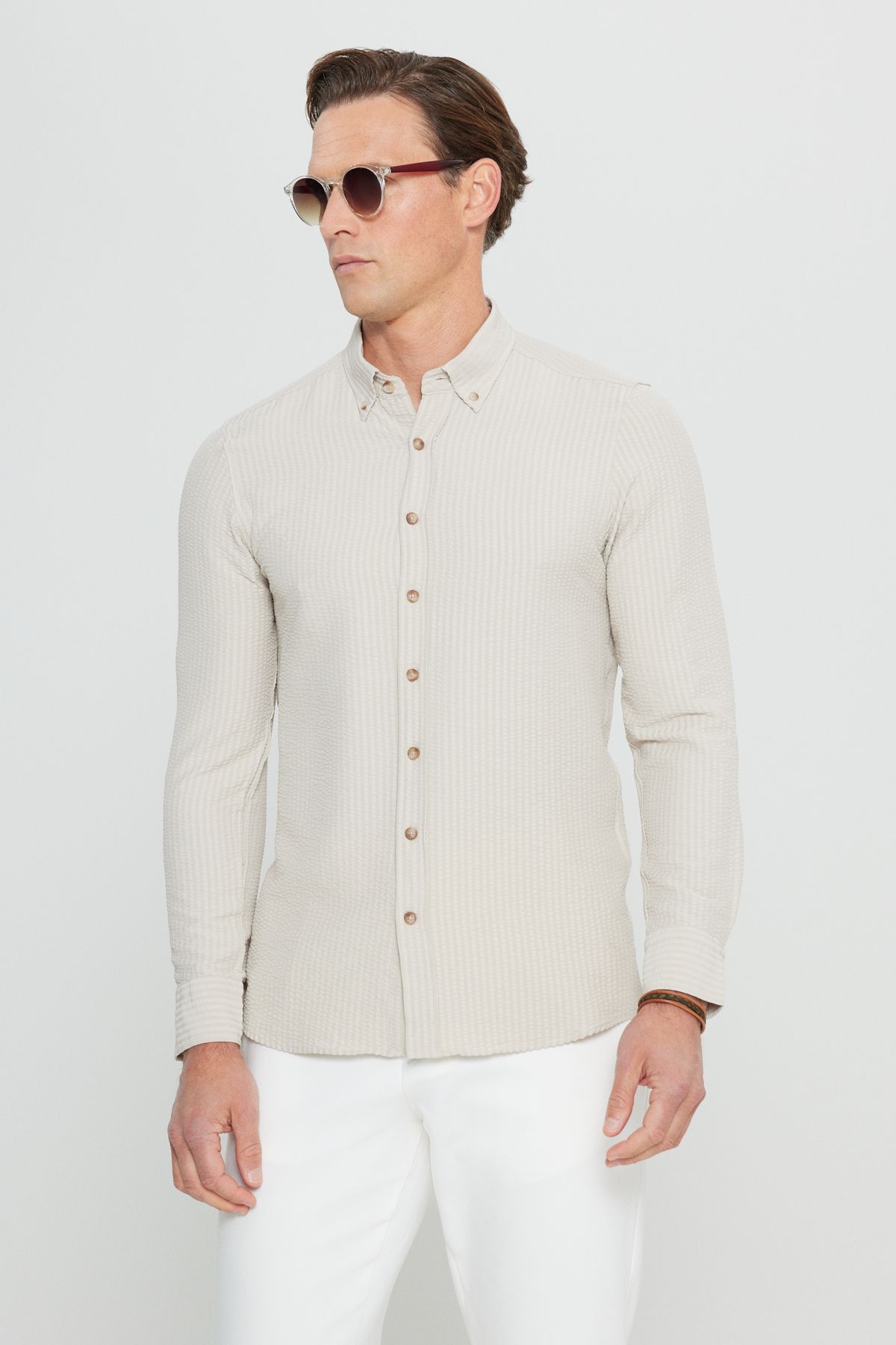ALTINYILDIZ CLASSICS Altınyıldız ACE020252171 Bej Erkek Taılored Slim Fit Uzun Kol Gömlek