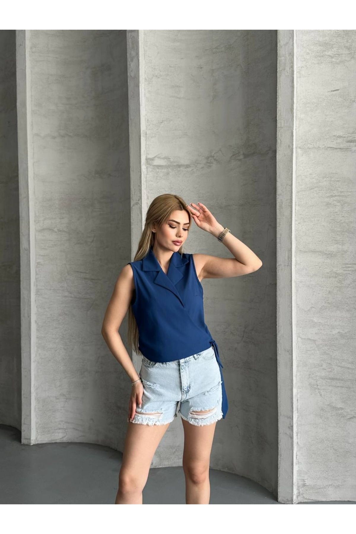 Kurtayfashion Kadın kruvaze kapamalı V yaka keten bluz yelek