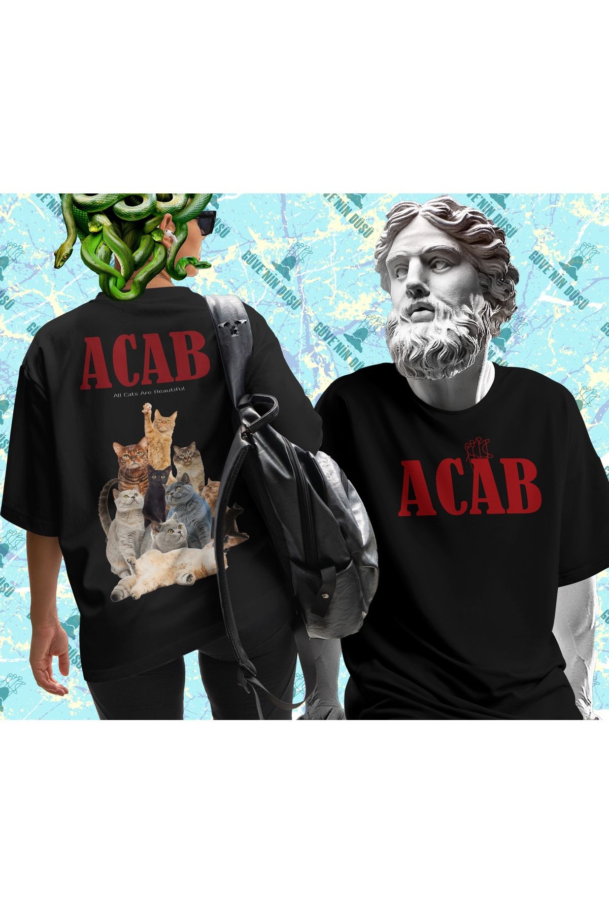 Güvenin Düşü Güve'nin Düşü - ACAB (All Cats Are Beautiful) - Oversize Tişört (Ön ve Arka Baskılı)