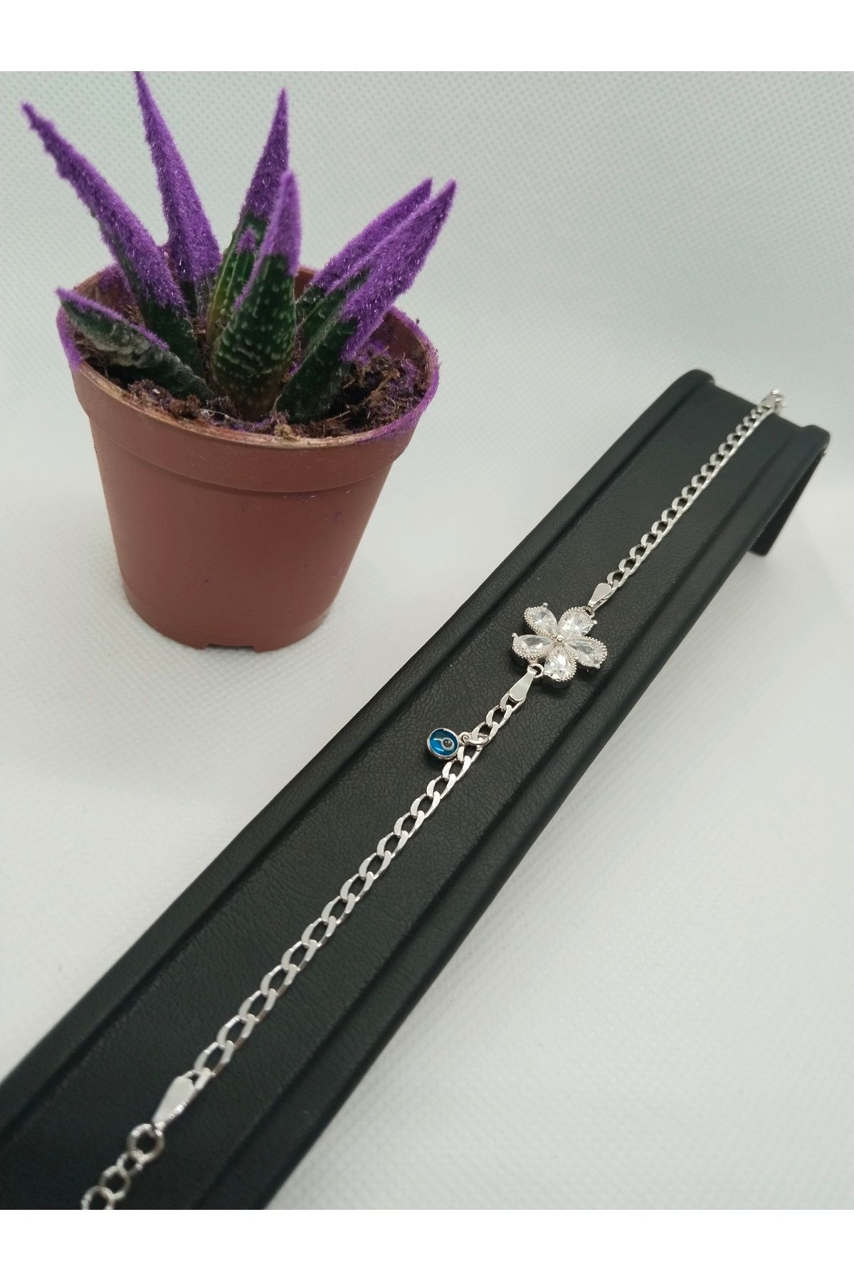 MehVa Silver 925 ayar gümüş zirkon taş rodyum kaplama çiçek kadın bileklik