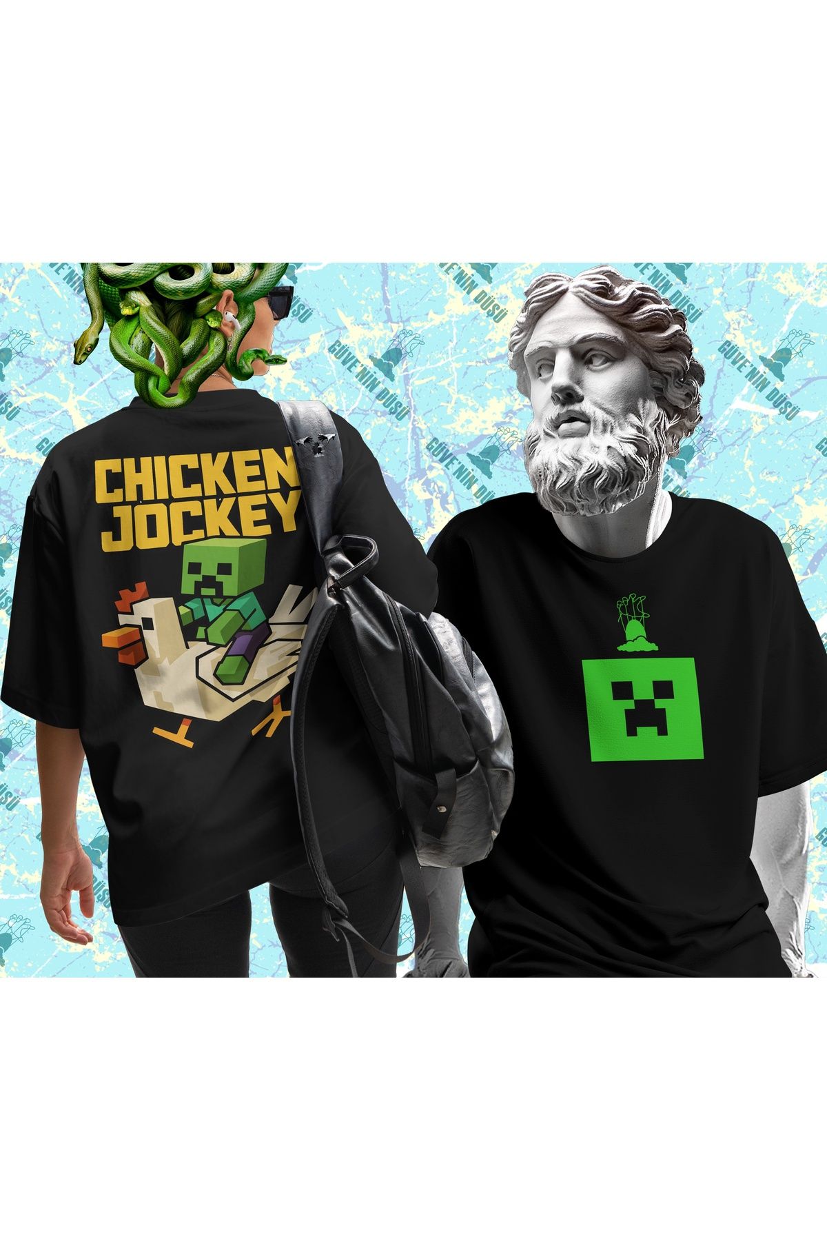 Güvenin Düşü Minecraft - Chicken Jockey - Oversize Tişört (Ön ve Arka Baskılı)