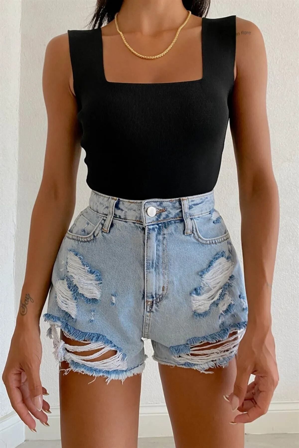 meday Clothing Kadın Kare Yaka Kalın Askılı Triko Bluz