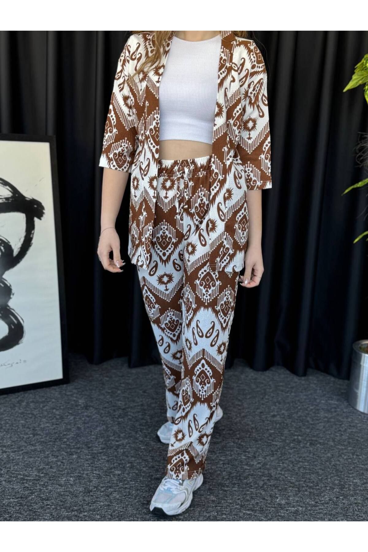 VOGUEMET ✅ Bürümcük Kumaş Desenli Kimono Takımı - Kadın, Modern ve Konforlu