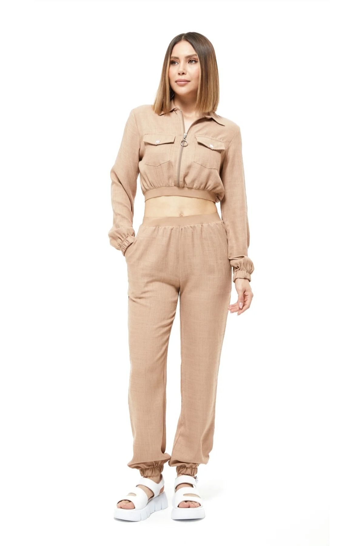 shop Keten Fermuarlı Crop Takım