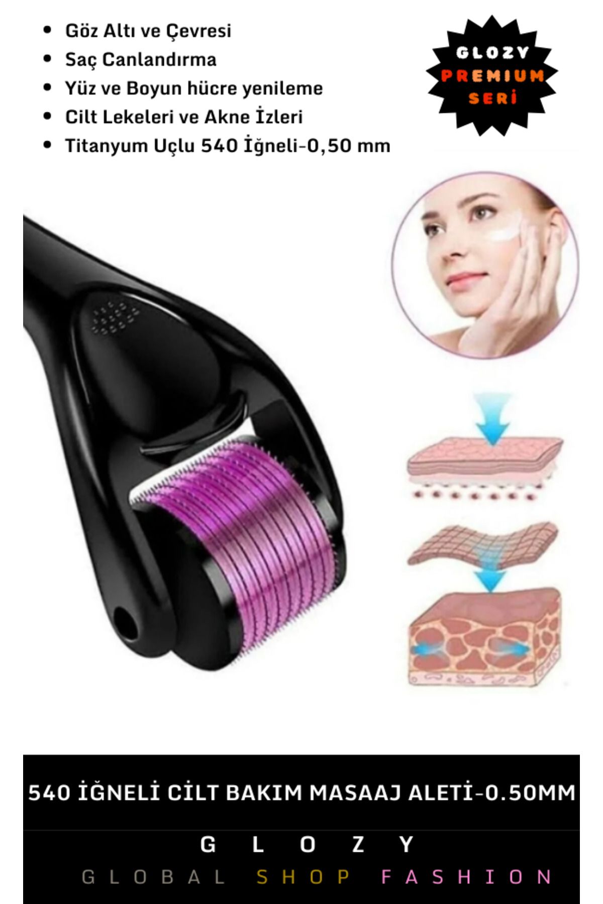 GLOZY Premium Seri Derma Roller Yüz Vücut Yenileme Kırışıklık Karşıtı Sıkılaştırıcı Cilt Bakım Masaj Aleti