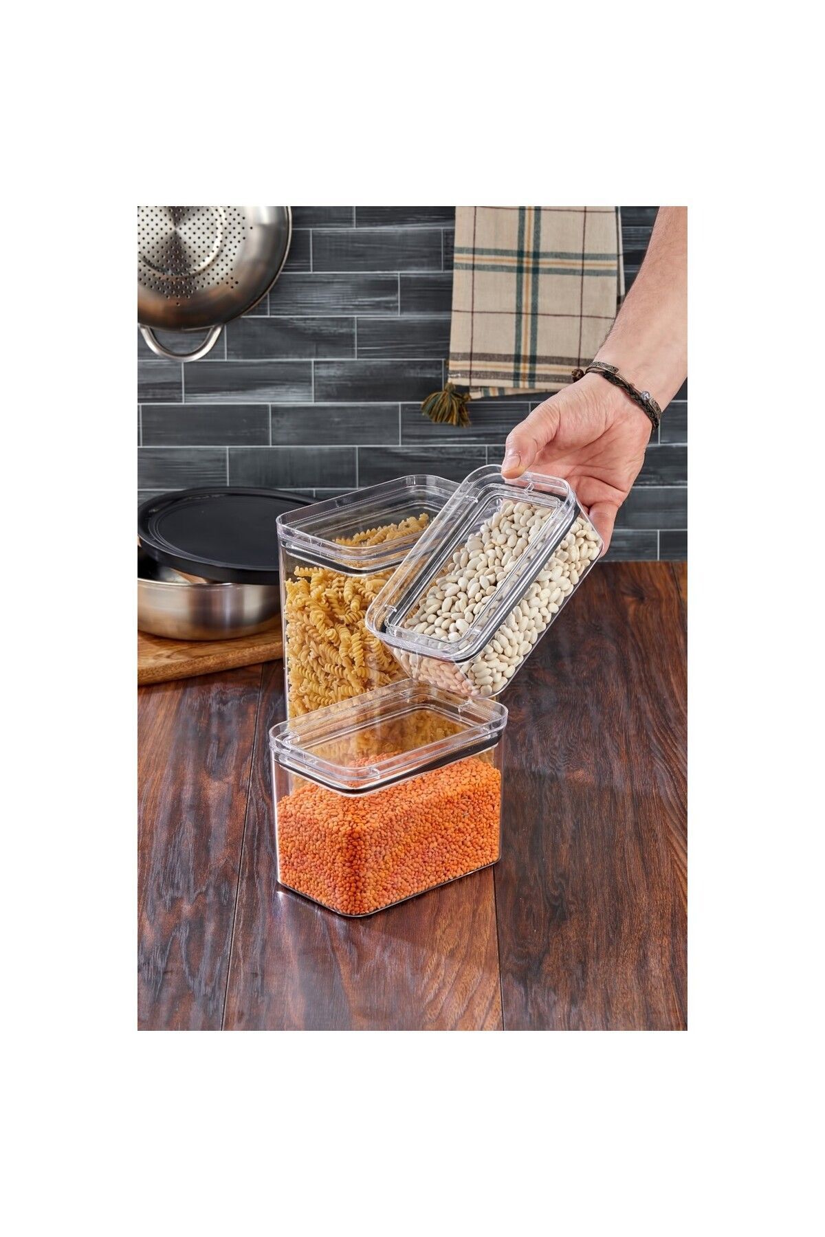 Hanedanev Sızdırmaz Kapaklı Saklama & Erzak Kabı Şeffaf 3 lü Set Dikdörtgen Contalı, 3500ML-1700ML-800ML