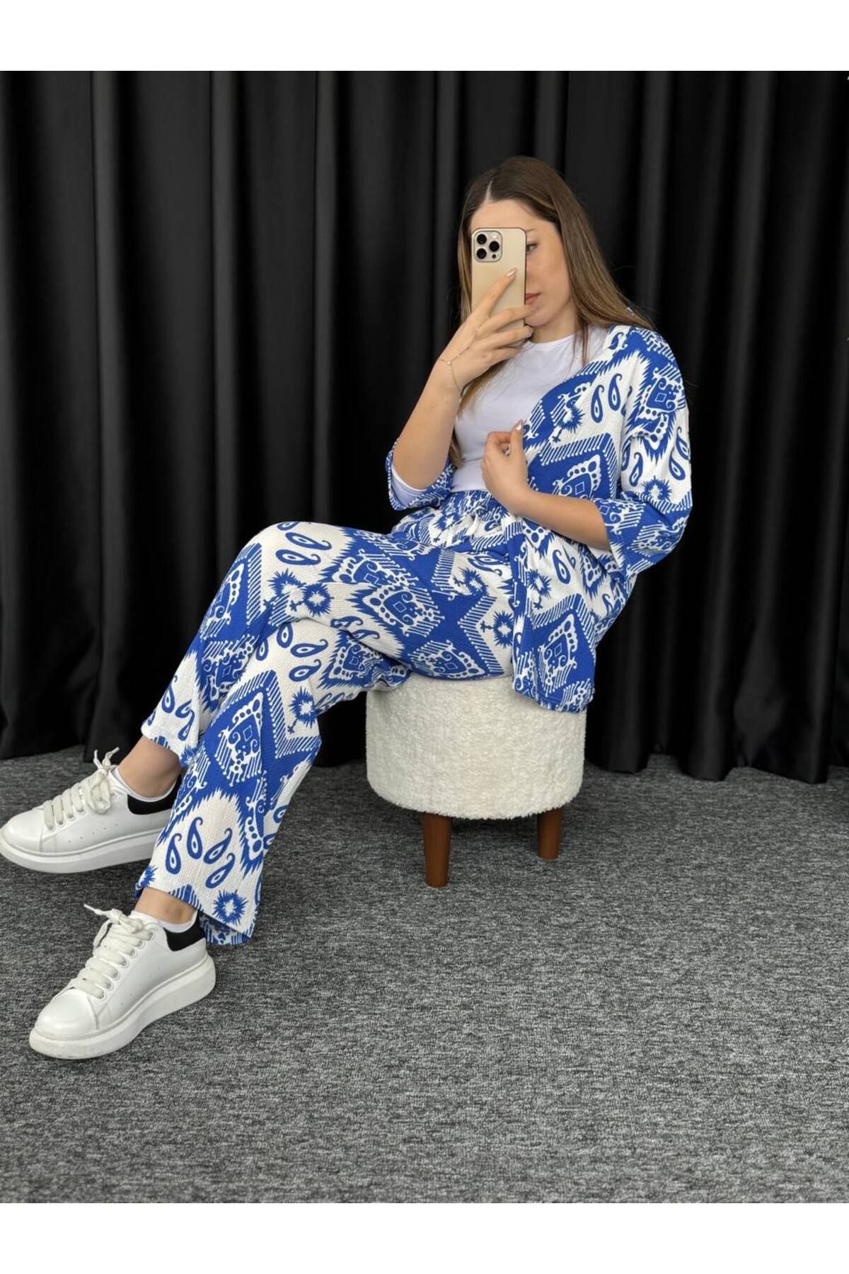 VOGUEMET ✅ Bürümcük Kumaş Desenli Kimono Takımı - Kadın, Modern ve Konforlu