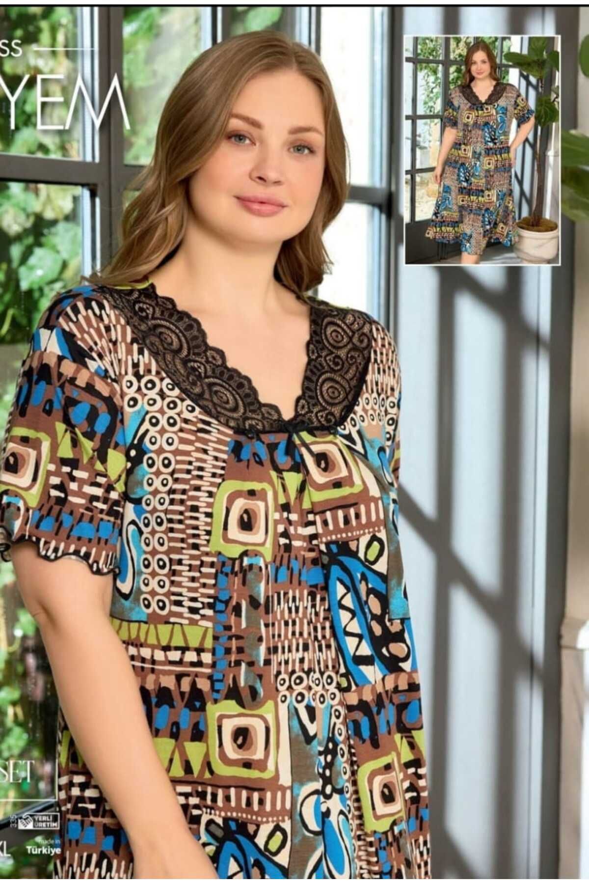 Azra Büyük Beden Desenli Kloş Kadın Elbise