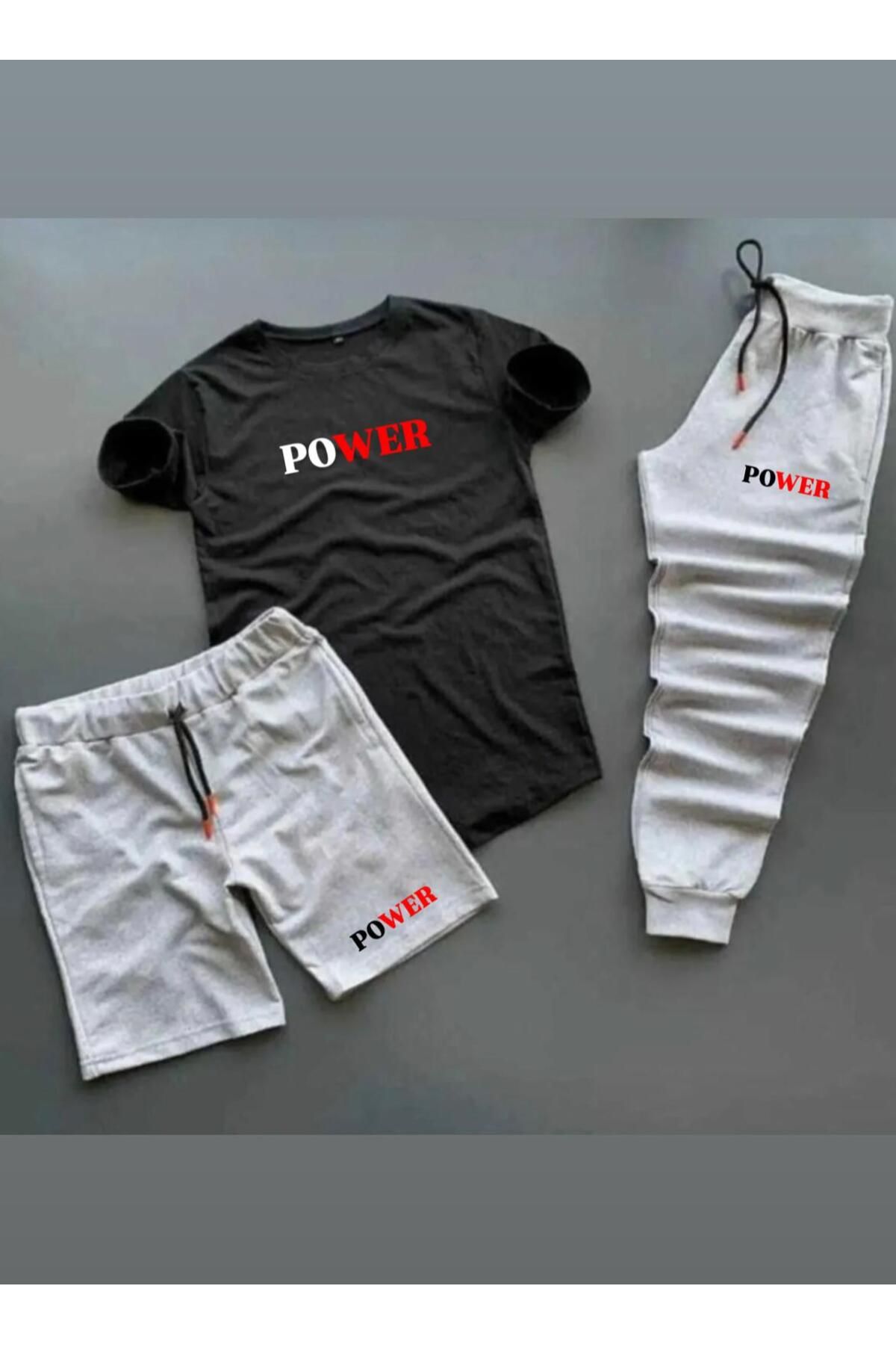 woonkey UNISEX OVERSİZE POWER BASKILI BİSİKLET YAKA TİŞÖRT EŞOFMAN ŞORT 3'LÜ SET