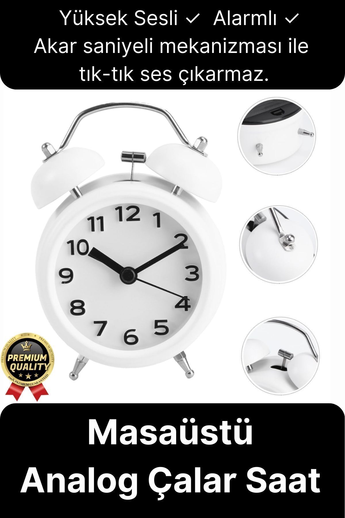 Svein Premium Kalite Dekoratif Pilli Yüksek Sesli Alarmlı Çift Çan Formlu Masaüstü Mini Analog Çalar Saat