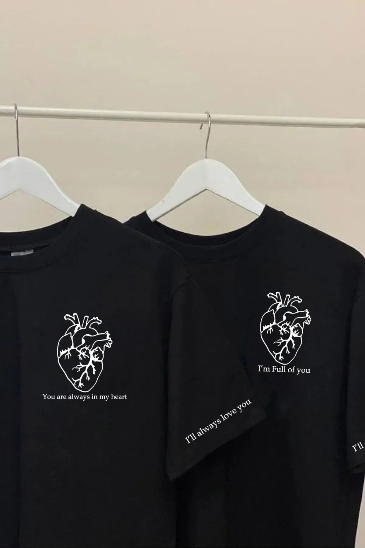 FeaR LeeS 2 li Siyah Beyaz Unisex Çift Sevgili Kombin Kalp Kol Baskılı Hediye Bisiklet Yaka Tişört T-shirt