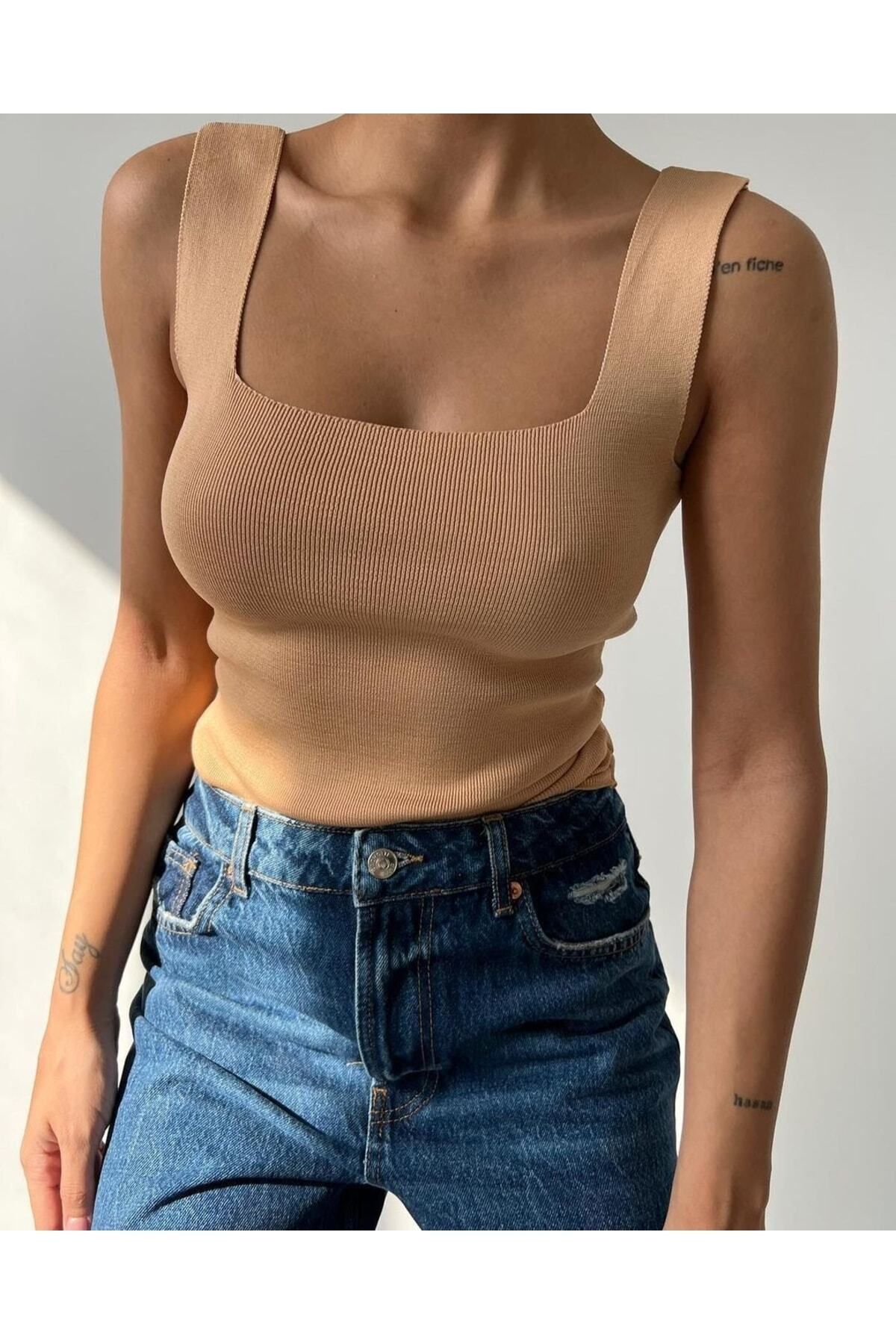 meday Clothing Kadın Kare Yaka Kalın Askılı Triko Bluz