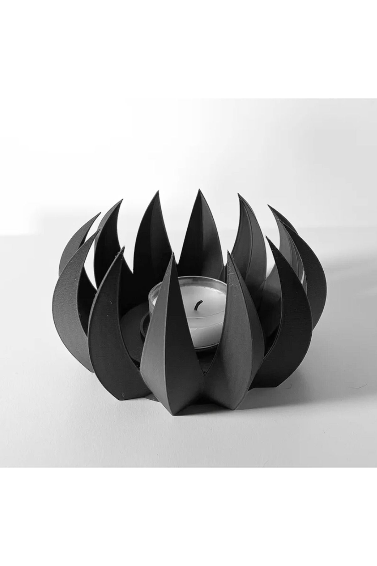 Simona Siyah Alev Şekilli Mumluk – 3D Baskı Minimalist Tasarım (Zarif Ev Dekorasyonu)
