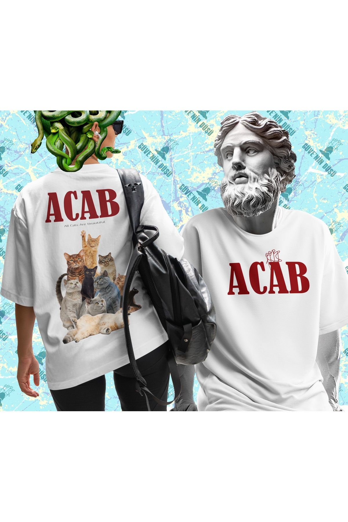 Güvenin Düşü Güve'nin Düşü - ACAB (All Cats Are Beautiful) - Oversize Tişört (Ön ve Arka Baskılı)