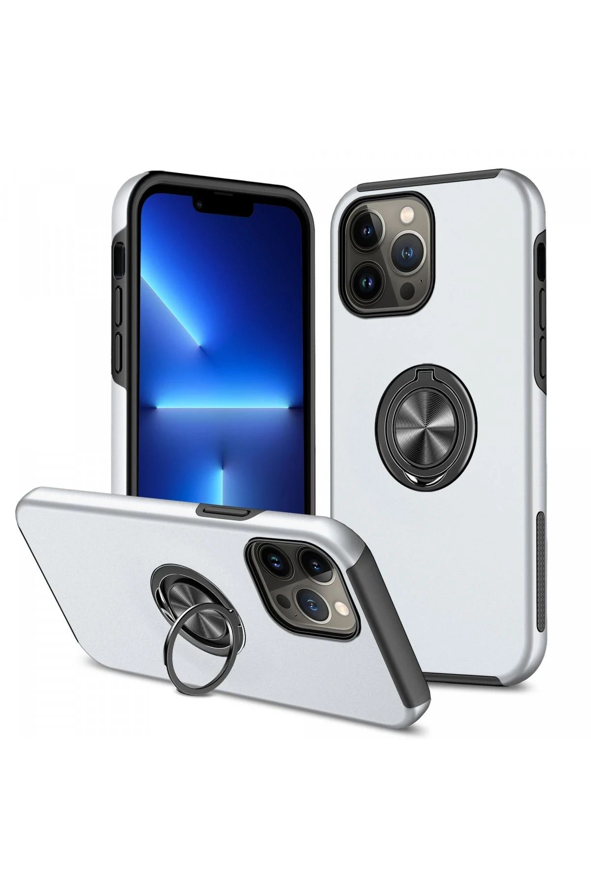 NewFace iPhone 13 Pro Kılıf Elit Yüzüklü Kapak - Gümüş FERRG
