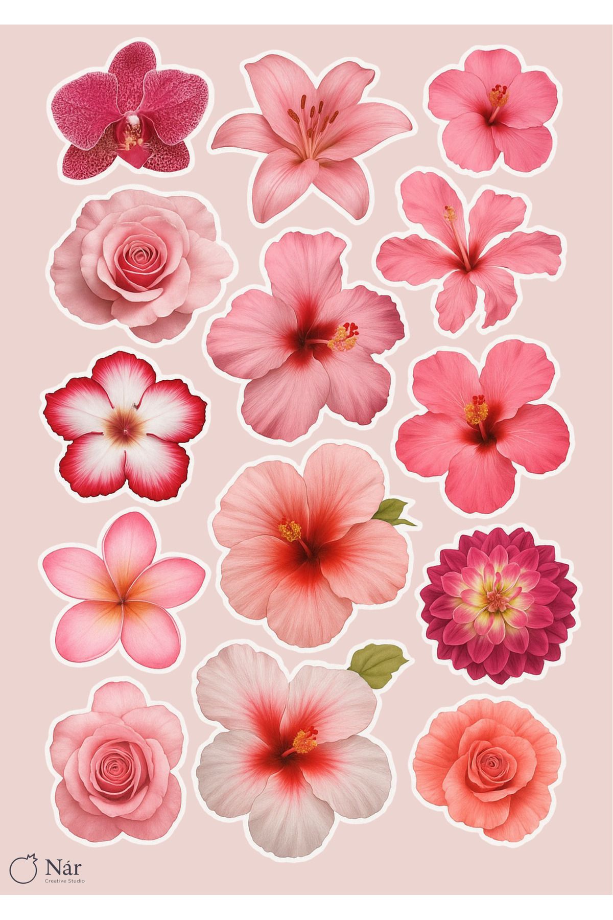 sticker 🌸 Çiçek Bahçesi Stickerları - Pembe Çiçek Çıkartmaları - 1 Sayfa