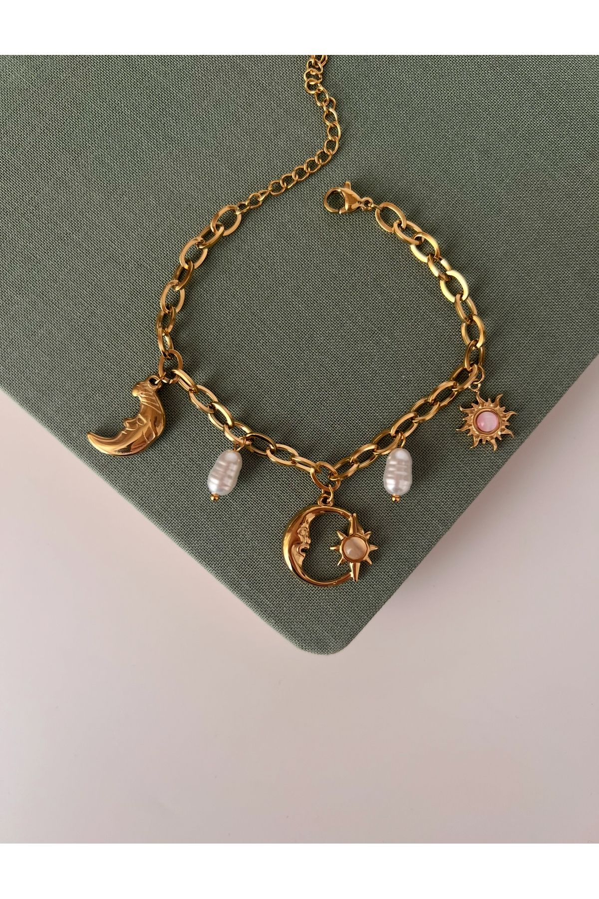 Store Pembe Güneş Ay Yıldız Çelik Charm Bileklik
