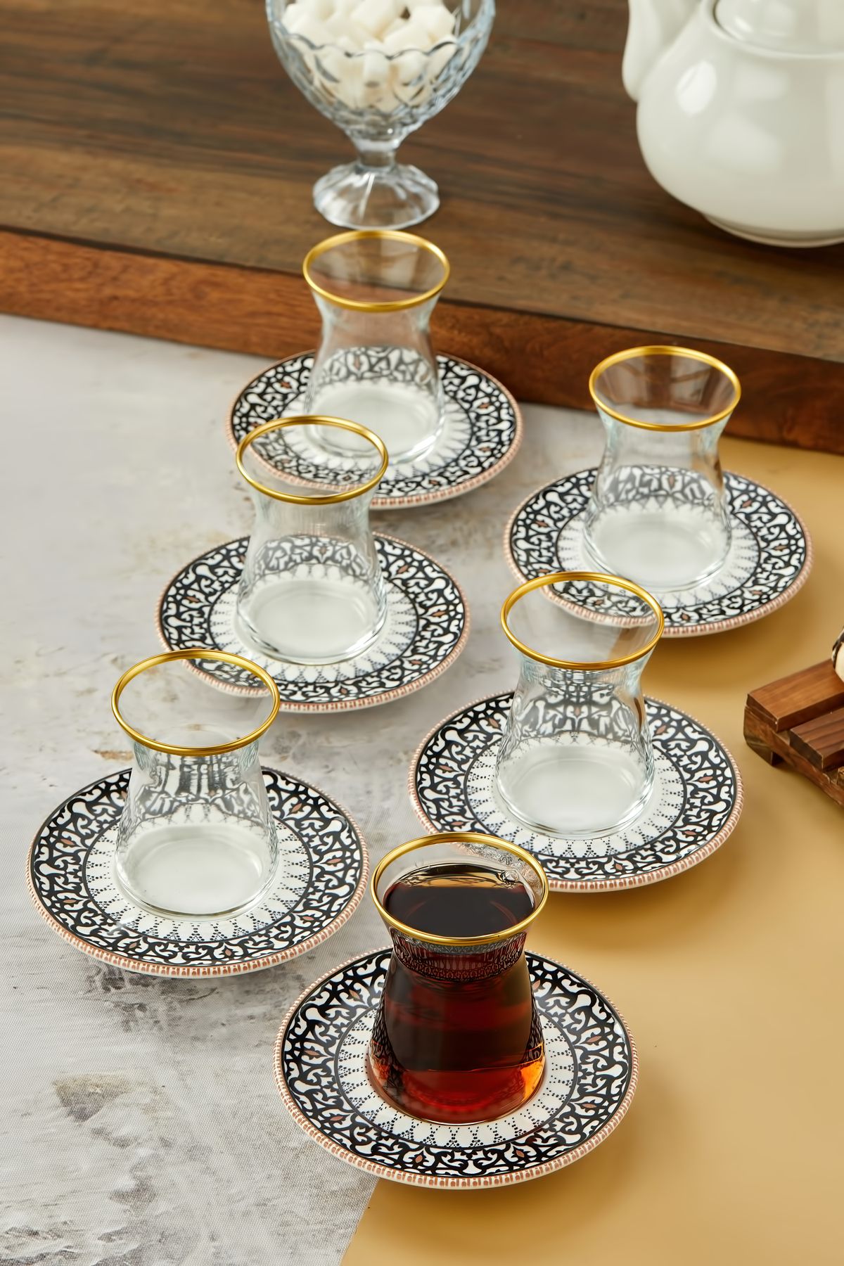 Babion Gold Dekorlu 12 Parça 6 Kişilik Çay Bardağı ve Tabağı, Çay Takımı, Çay Seti