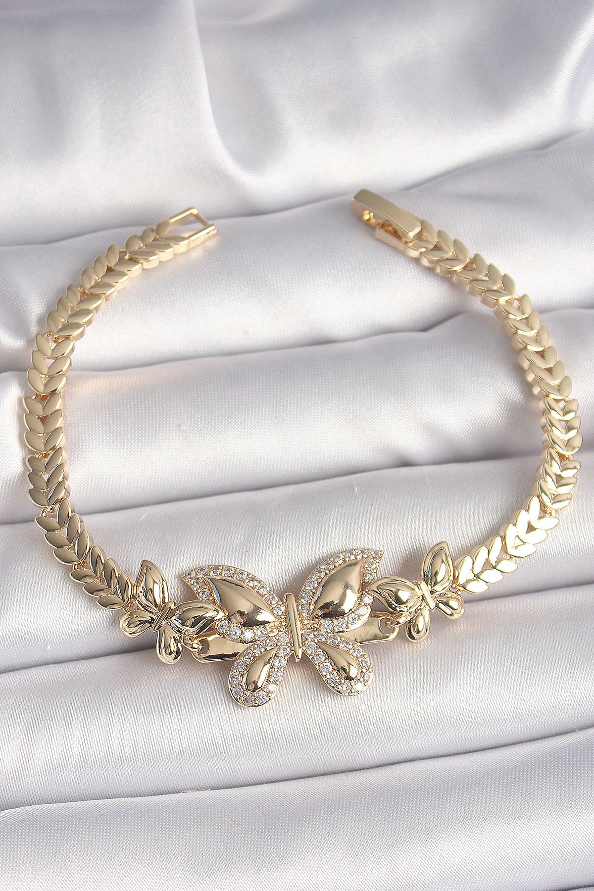 OEM Pirinç Gold Renk Zirkon Taşlı Kelebek Model Kadın Bileklik