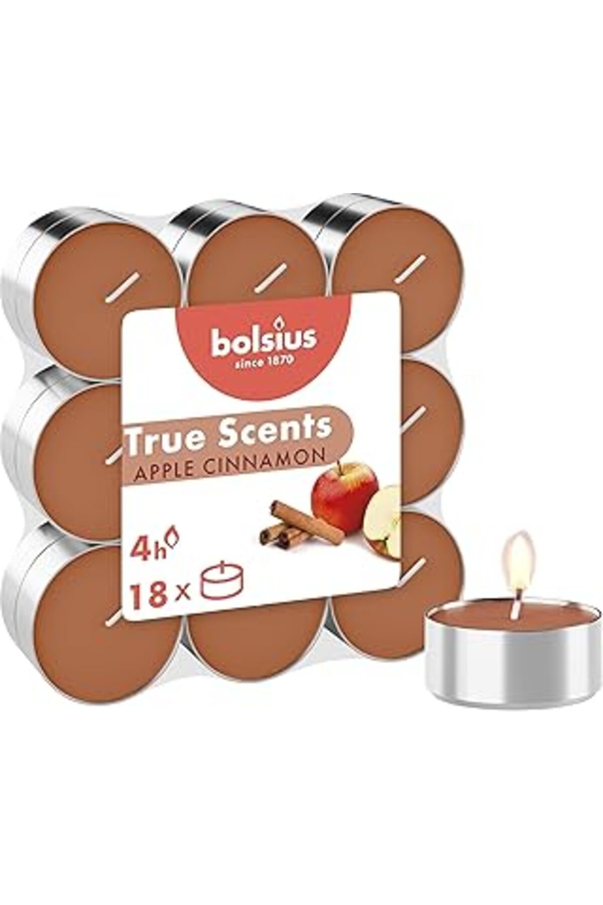 NETWORK ART Bolsius Kokulu Tealight Mum, Elma Tarçın Kokulu, Karamel Renkli, 18'Li Paket, 4 Saatlik Uzun Yanma
