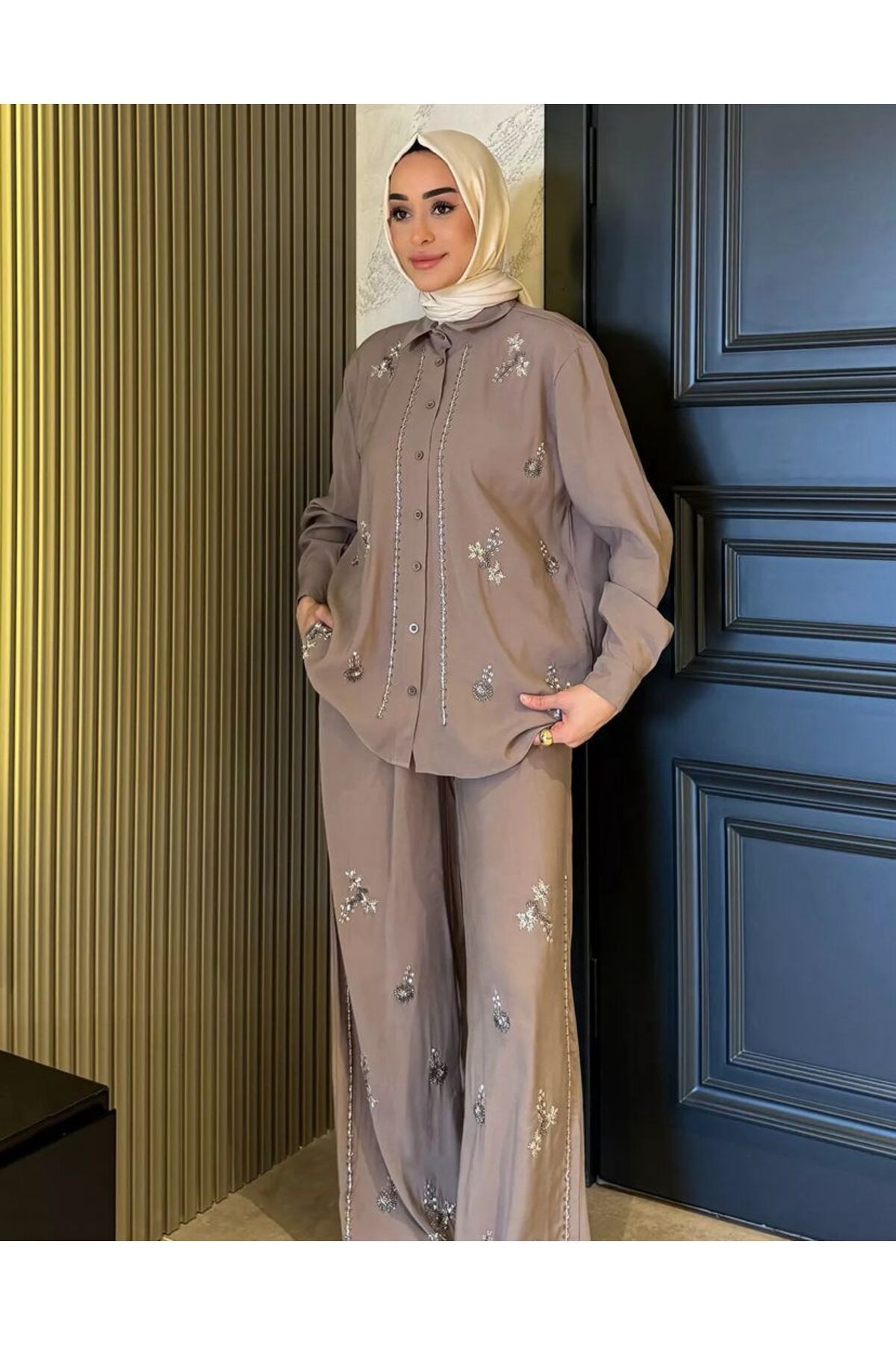 nizzell Kadın Boncuk İşlemeli Gömlek Pantolon Tesettür İkili Takım