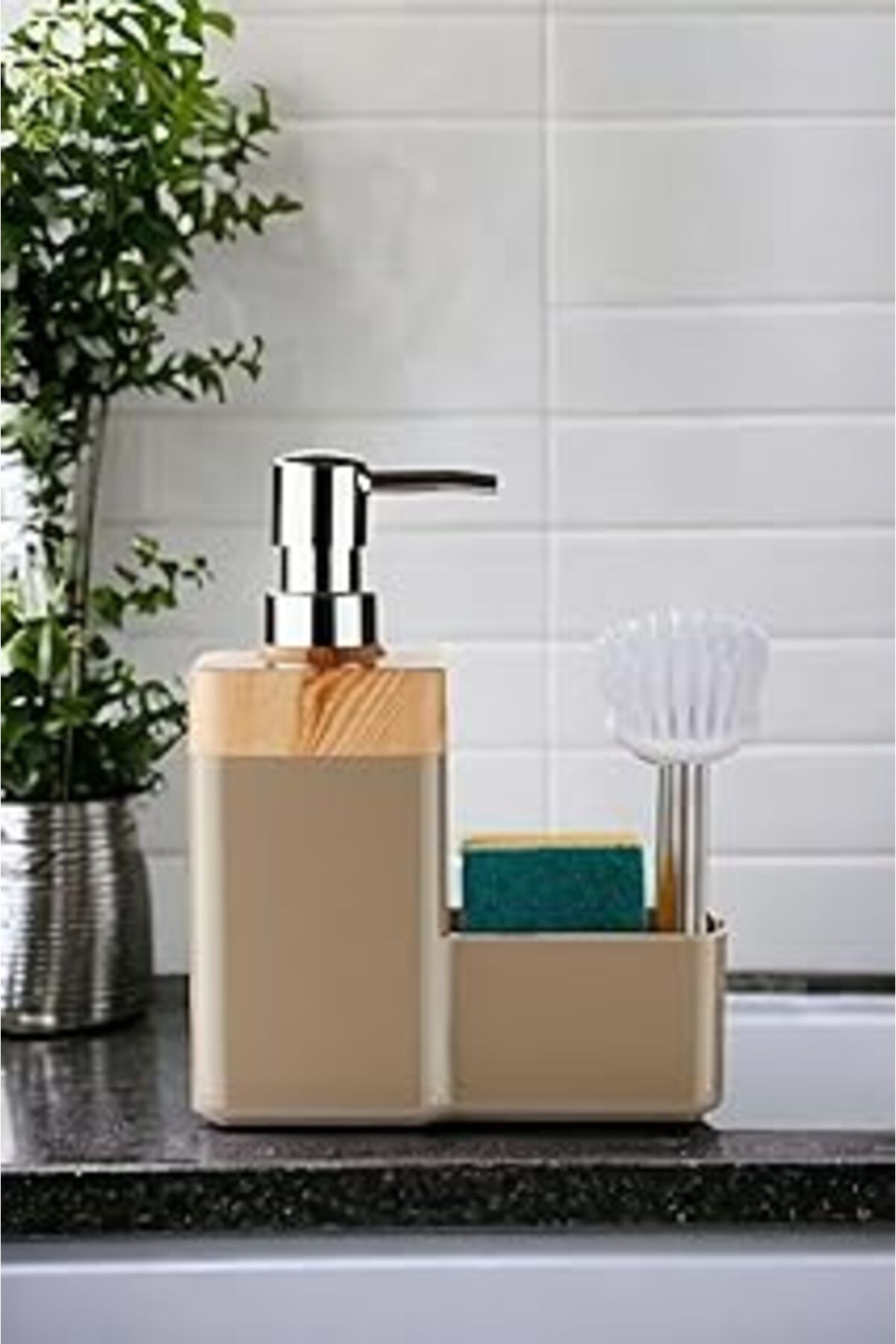 karadağsb Coverest Bambu Desen Kapaklı Hazneli Sıvı Sabunluk Tezgah Üstü Mutfak Banyo Deterjanlık Fırça Sünge