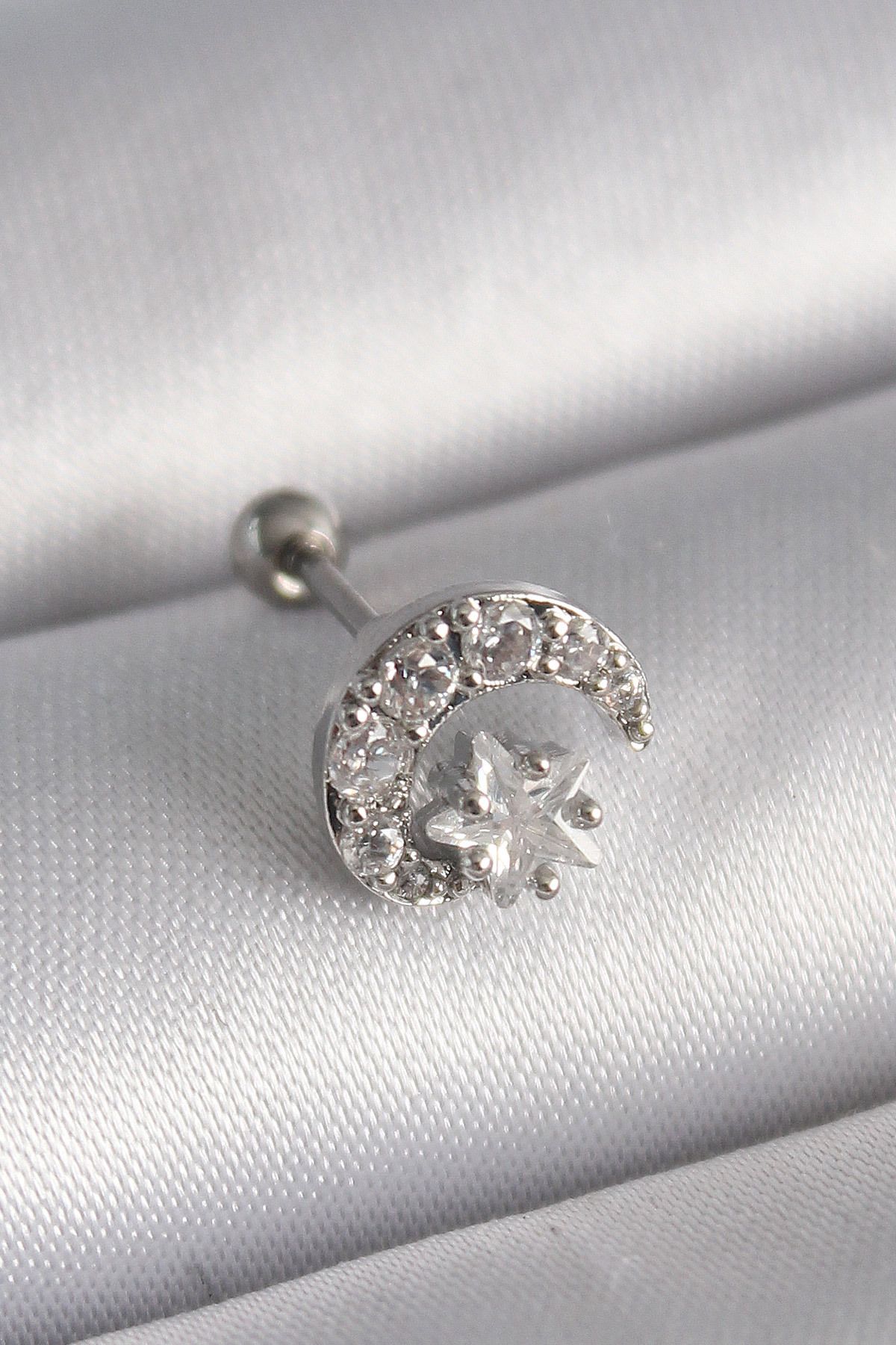 MAYAS 316L Çelik Gümüş Renk Zirkon Taşlı Ay Yıldız Tragus Piercing